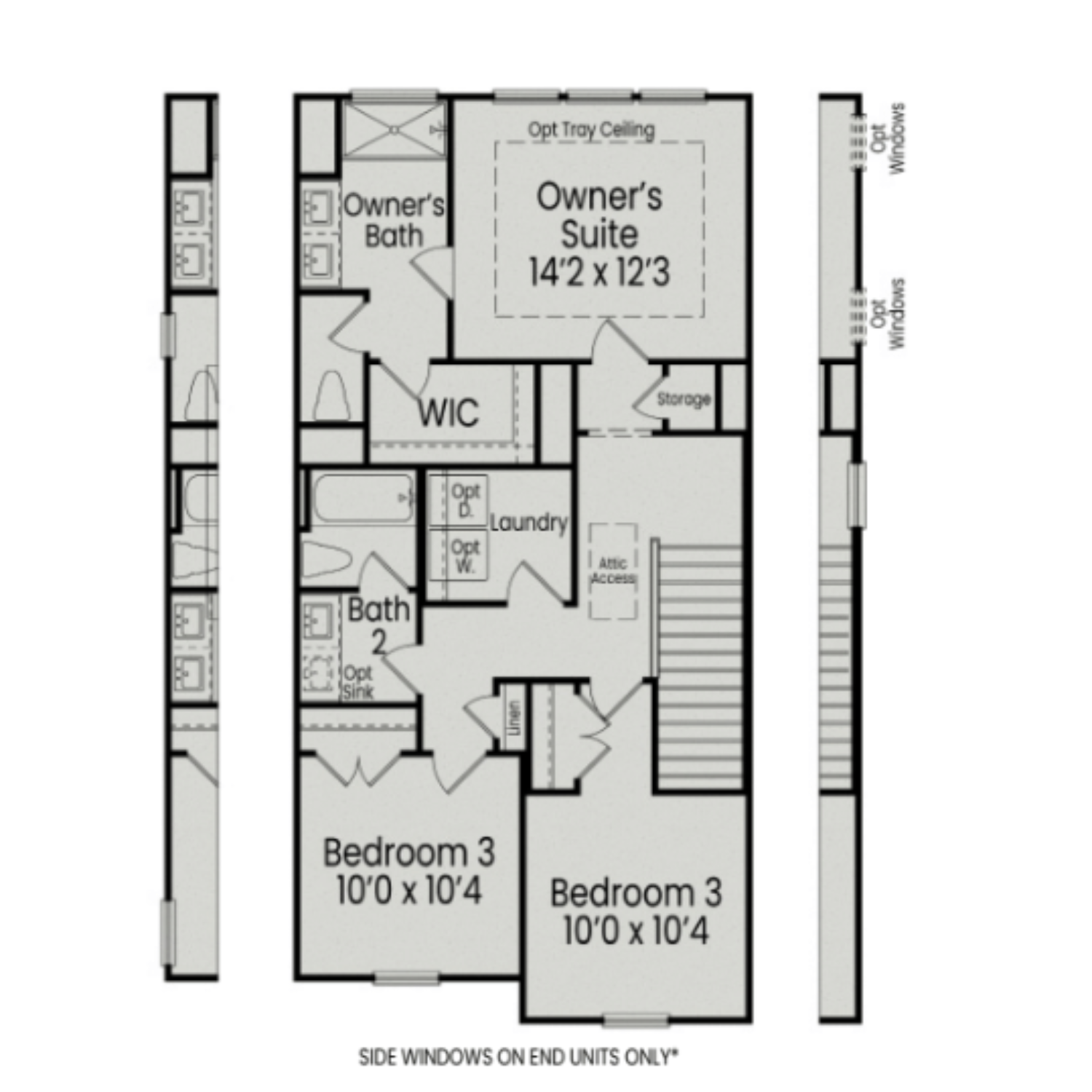 Three-story floor plan of The Mitchell multi-family home showcasing owner's suite, bedrooms, baths, and laundry areas