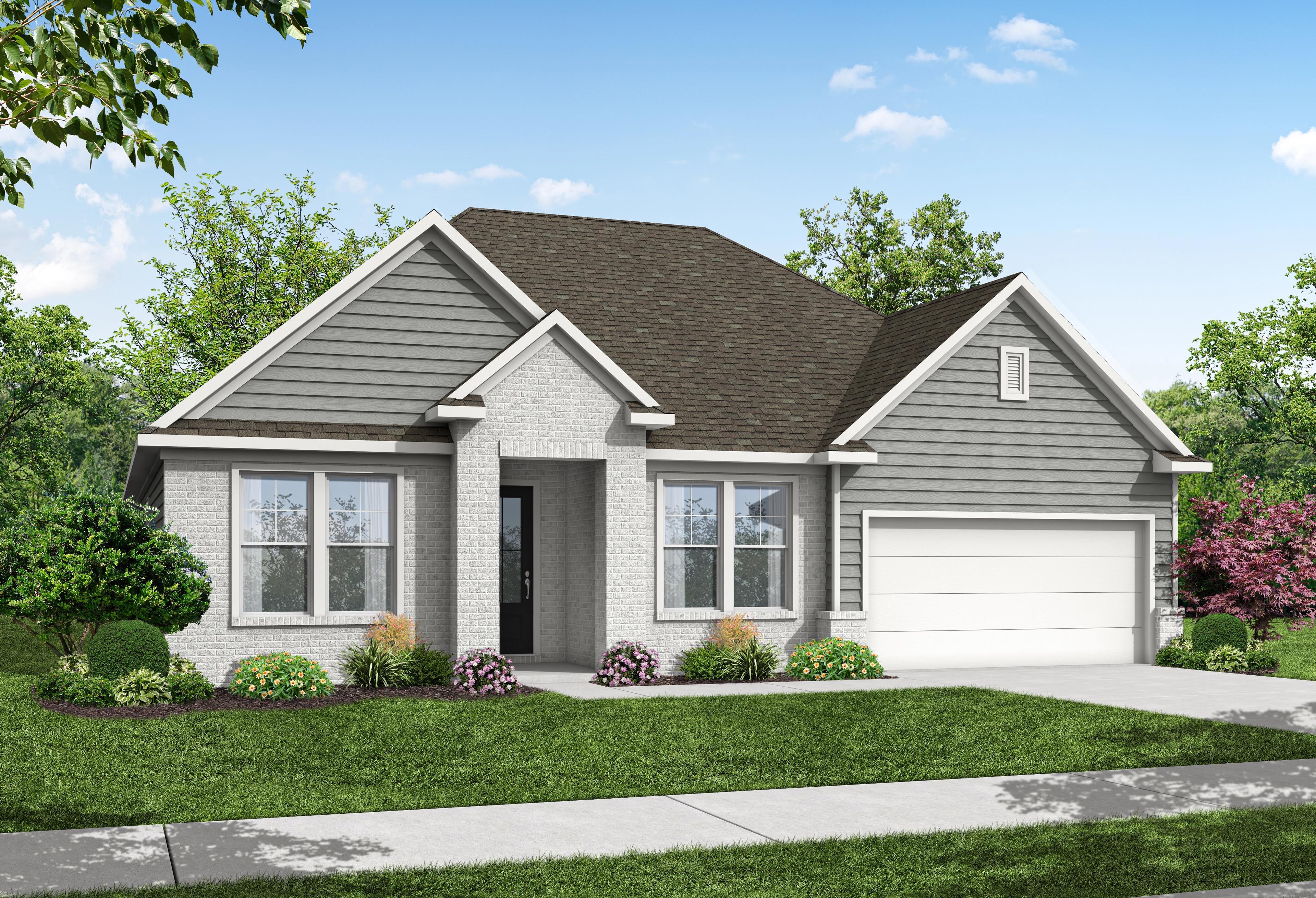 Modern single-story exterior of The Harrison showcasing gray siding, brick facade, gabled roof, 2-car garage, and landscaped yard