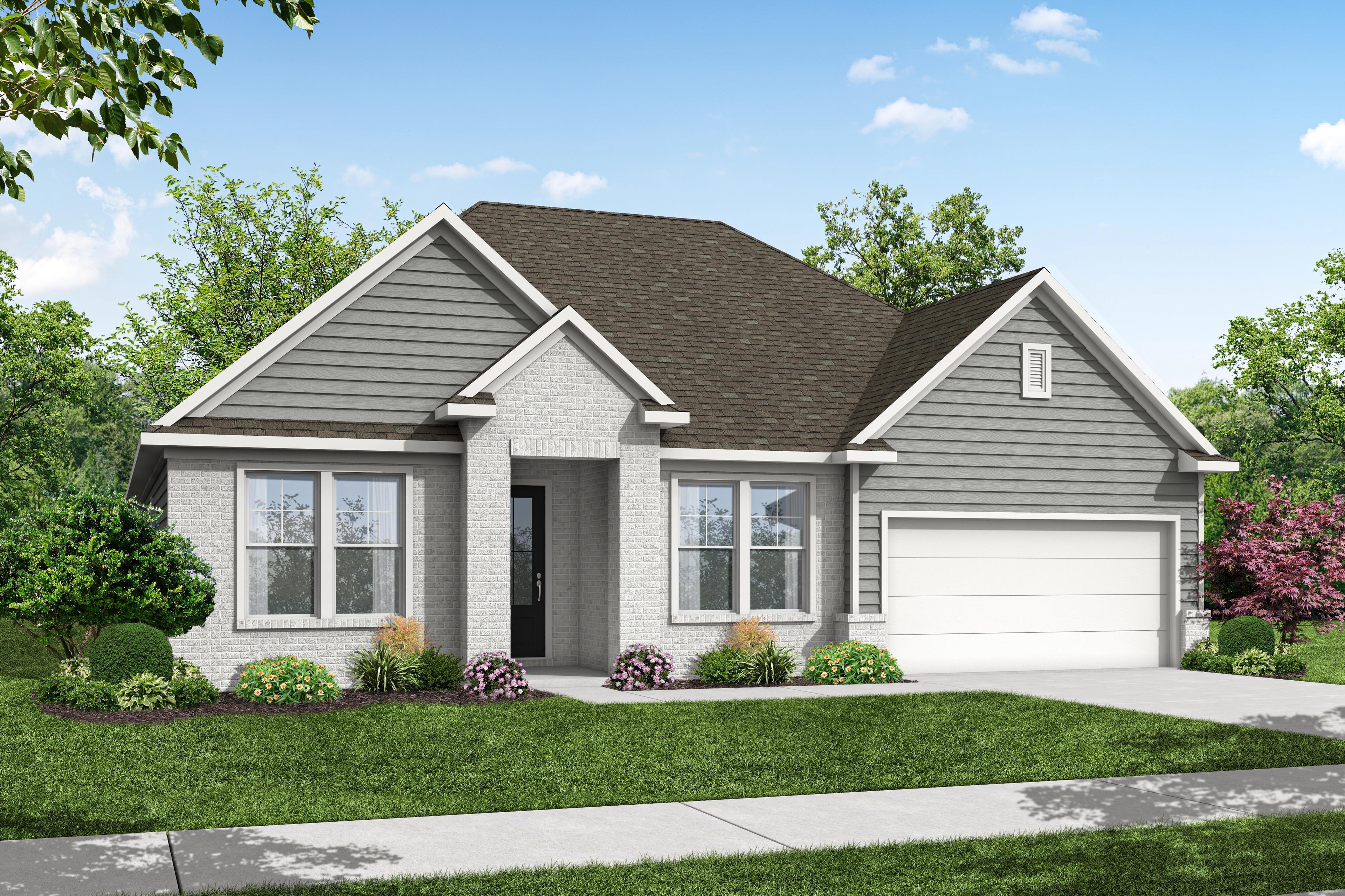Modern single-story exterior of The Harrison showcasing gray siding, brick facade, gabled roof, 2-car garage, and landscaped yard