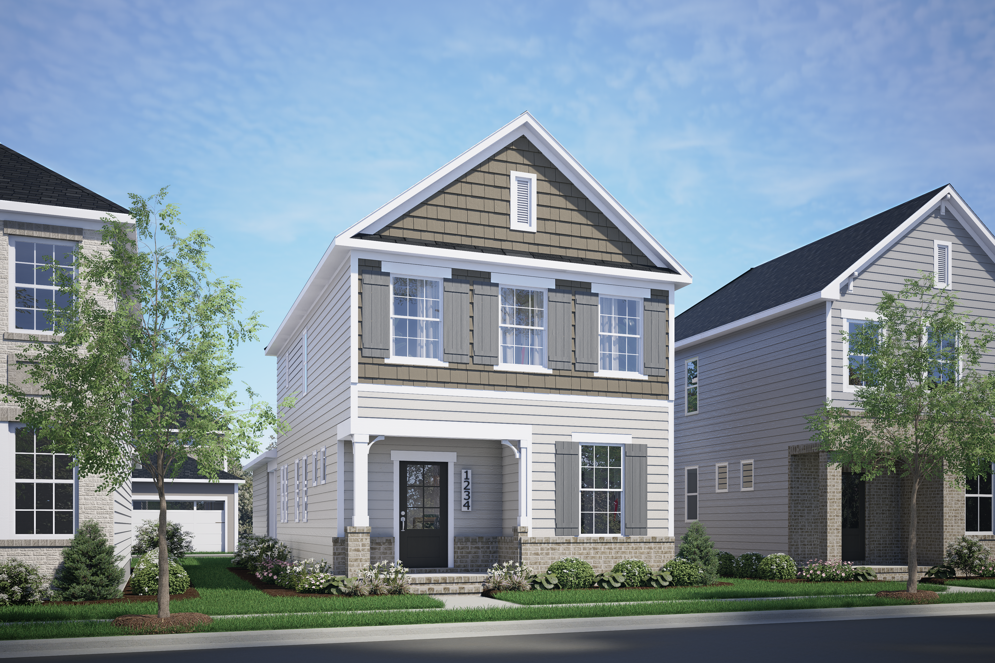 2-story The Alexander D home elevation with white siding, gabled roof, front porch, 2-car garage, and stone accents in Knightdale NC