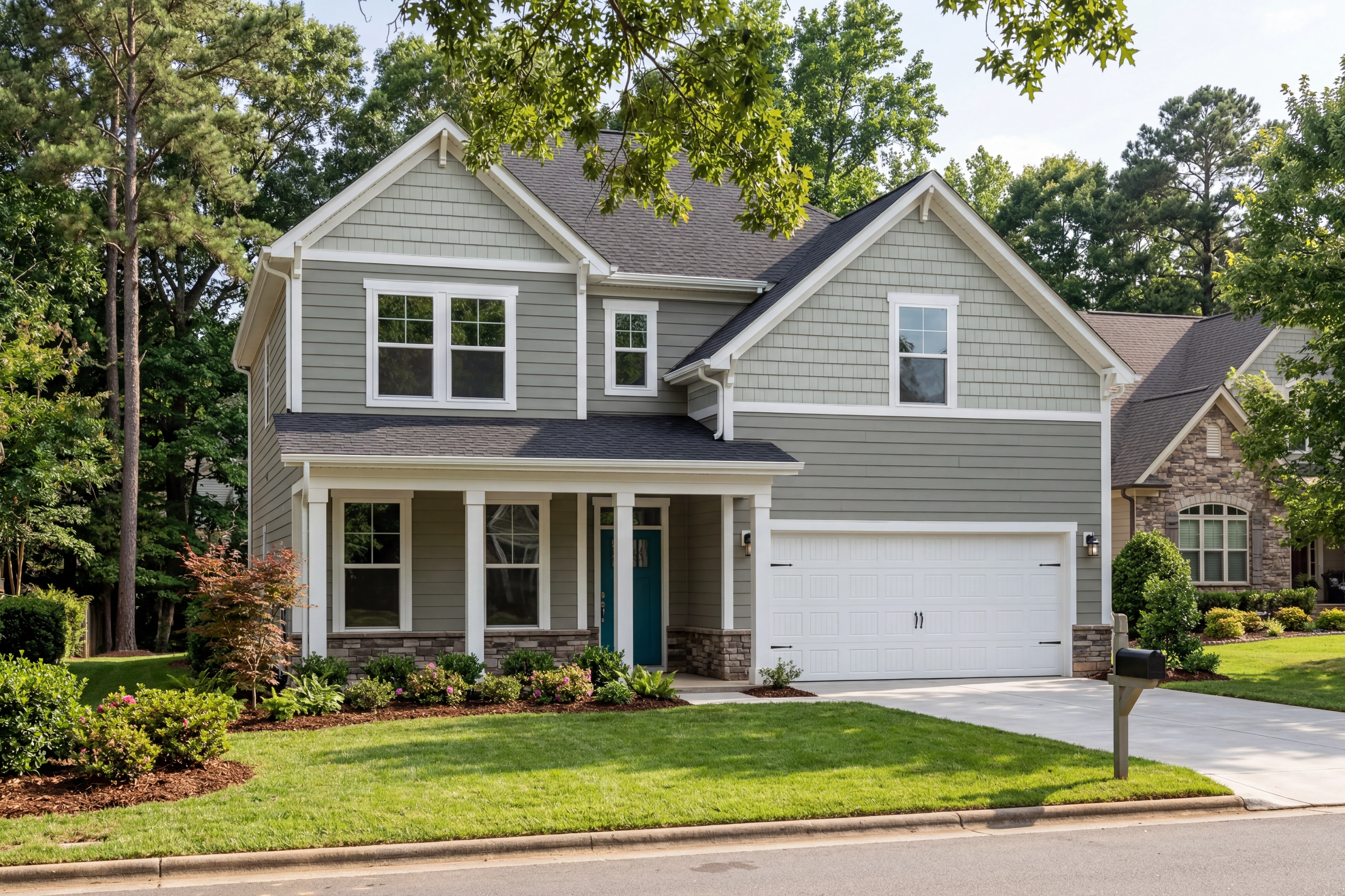 Two-story Hemlock A elevation by Davidson Homes featuring gray siding, gabled roof, covered porch, two-car garage, and landscaped yard in Belmont NC