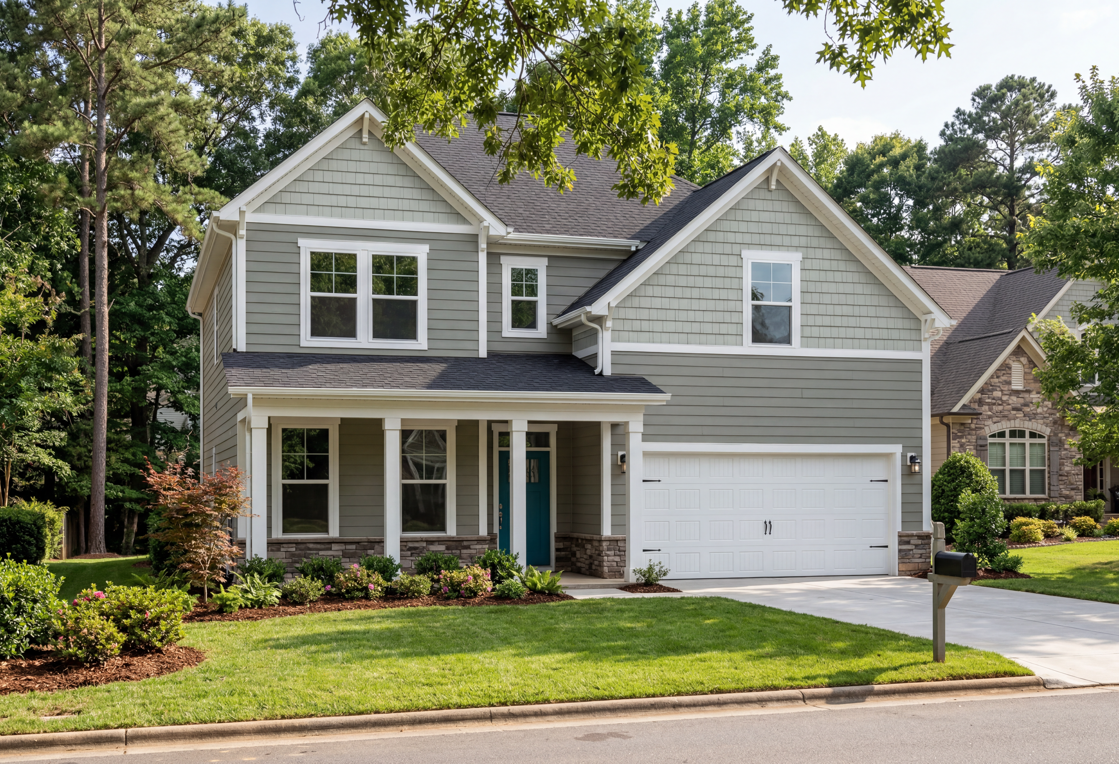 Two-story Hemlock A elevation by Davidson Homes featuring gray siding, gabled roof, covered porch, two-car garage, and landscaped yard in Belmont NC