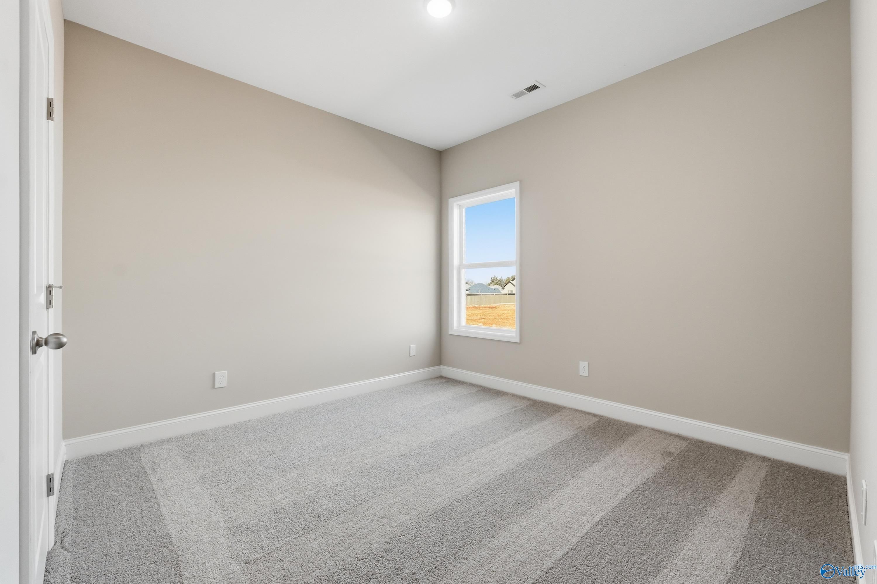 Bright secondary bedroom with beige walls, gray carpet, and large window overlooking field in Davidson Homes Franklin C, New Market, Alabama