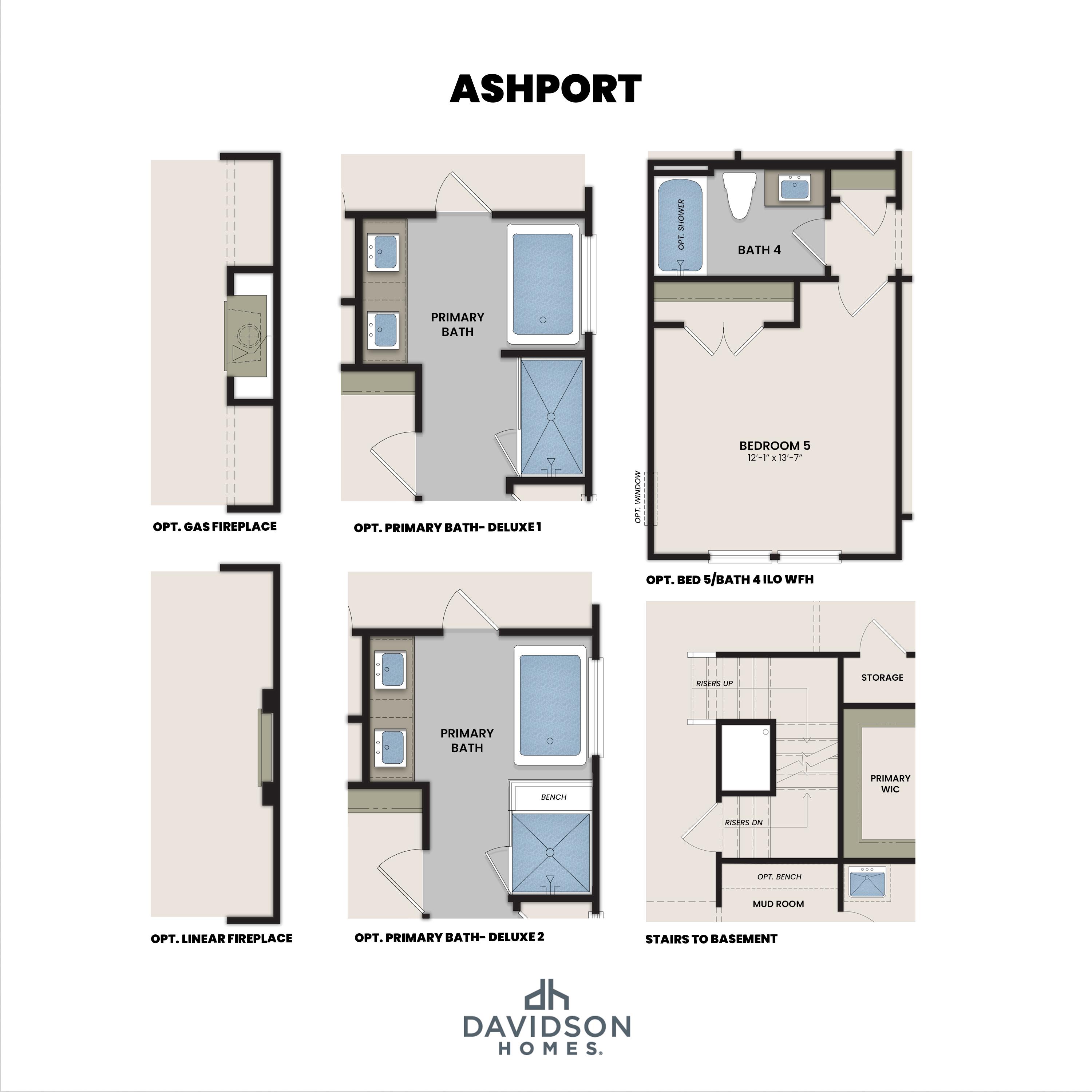 Optional floor plan features for The Ashport, including deluxe primary bath layouts, fireplace options, and bedroom 5 suite.