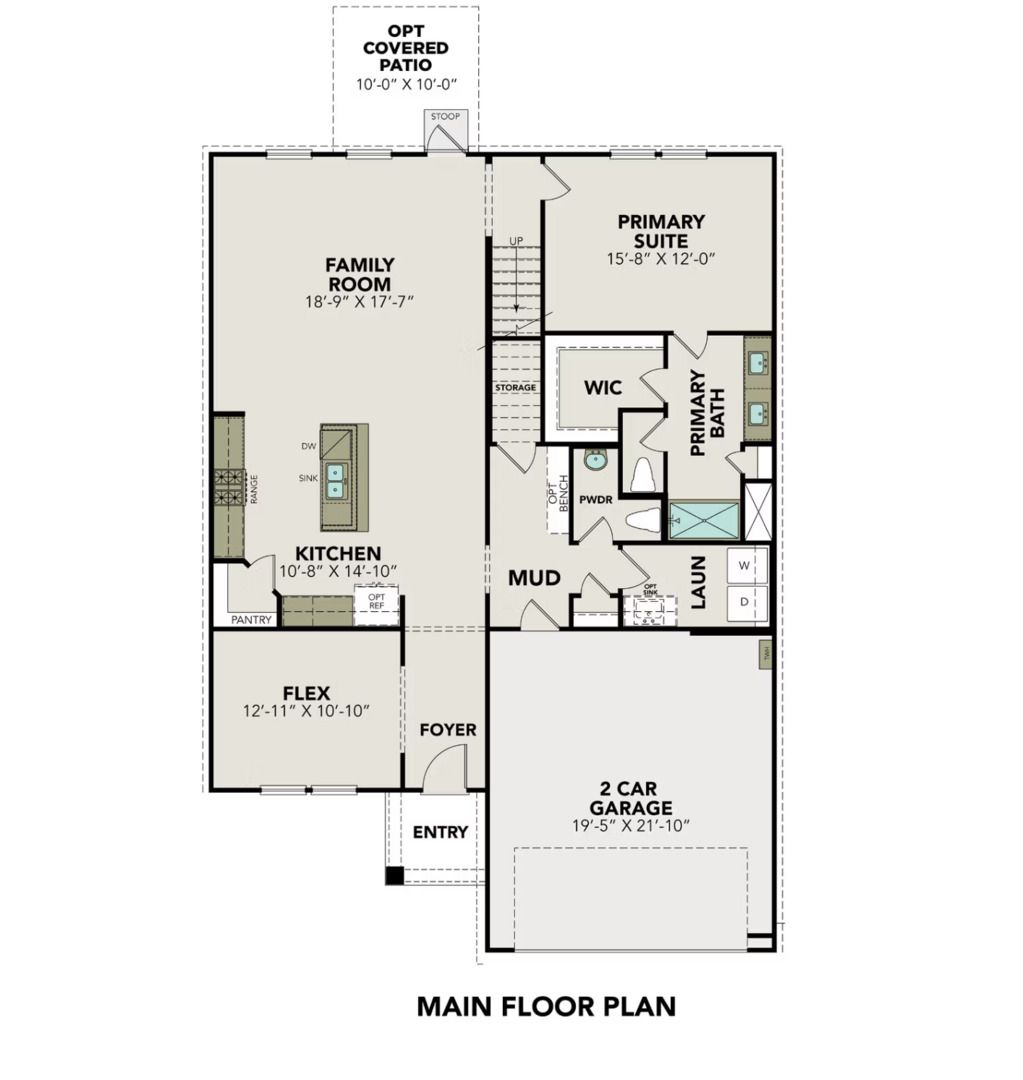 Main floor plan of Davidson Homes The Douglas C: primary suite, open kitchen, family room, 2-car garage in Hannah Heights, Seguin, Texas