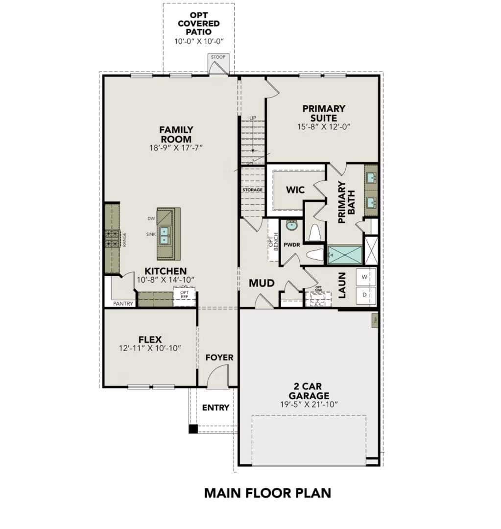 Main floor plan of Davidson Homes The Douglas C: primary suite, open kitchen, family room, 2-car garage in Hannah Heights, Seguin, Texas