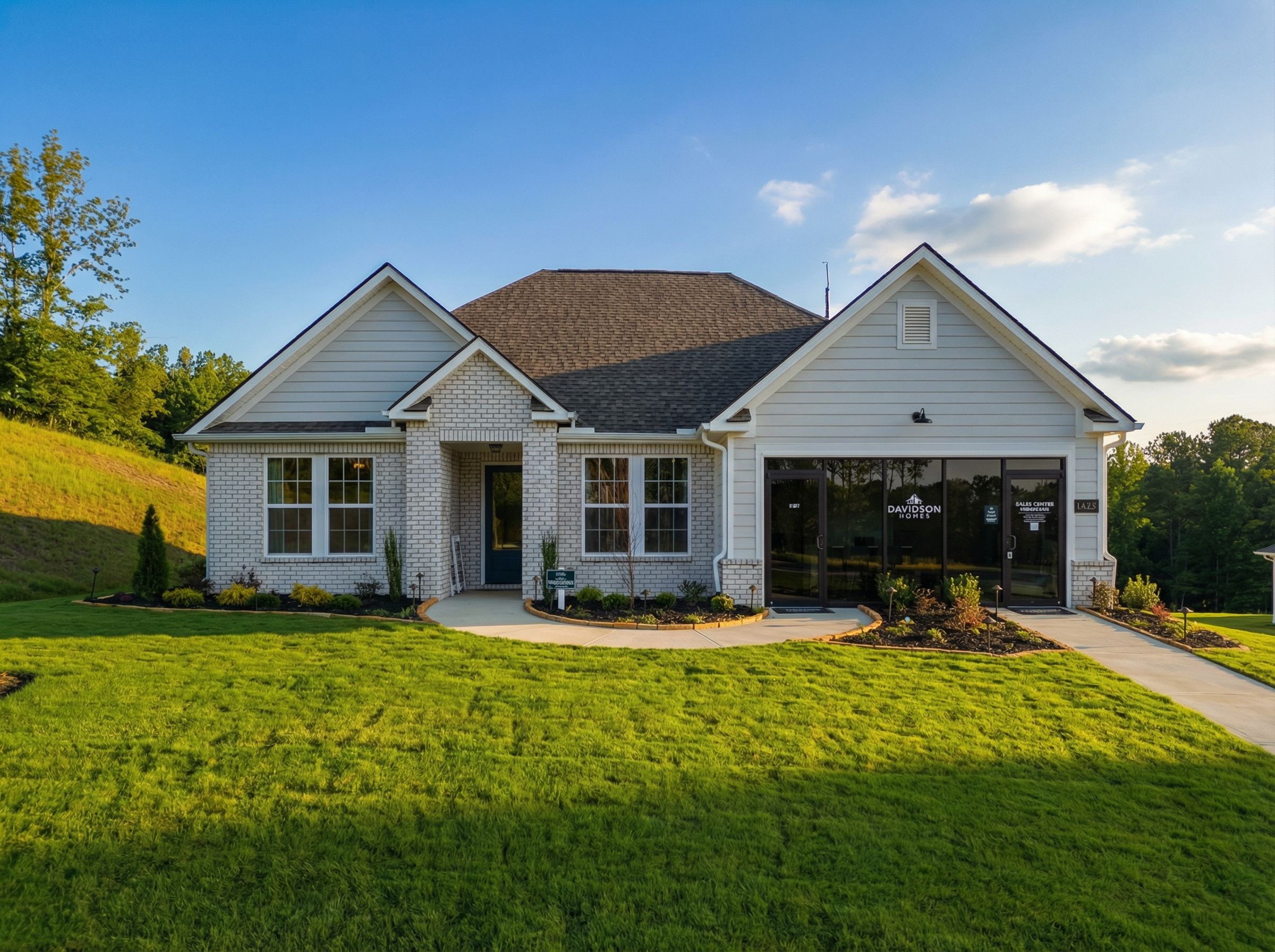 Charming ranch-style home exterior at Noble Ridge in Cullman Alabama with brick entry covered porch and lush green landscaping