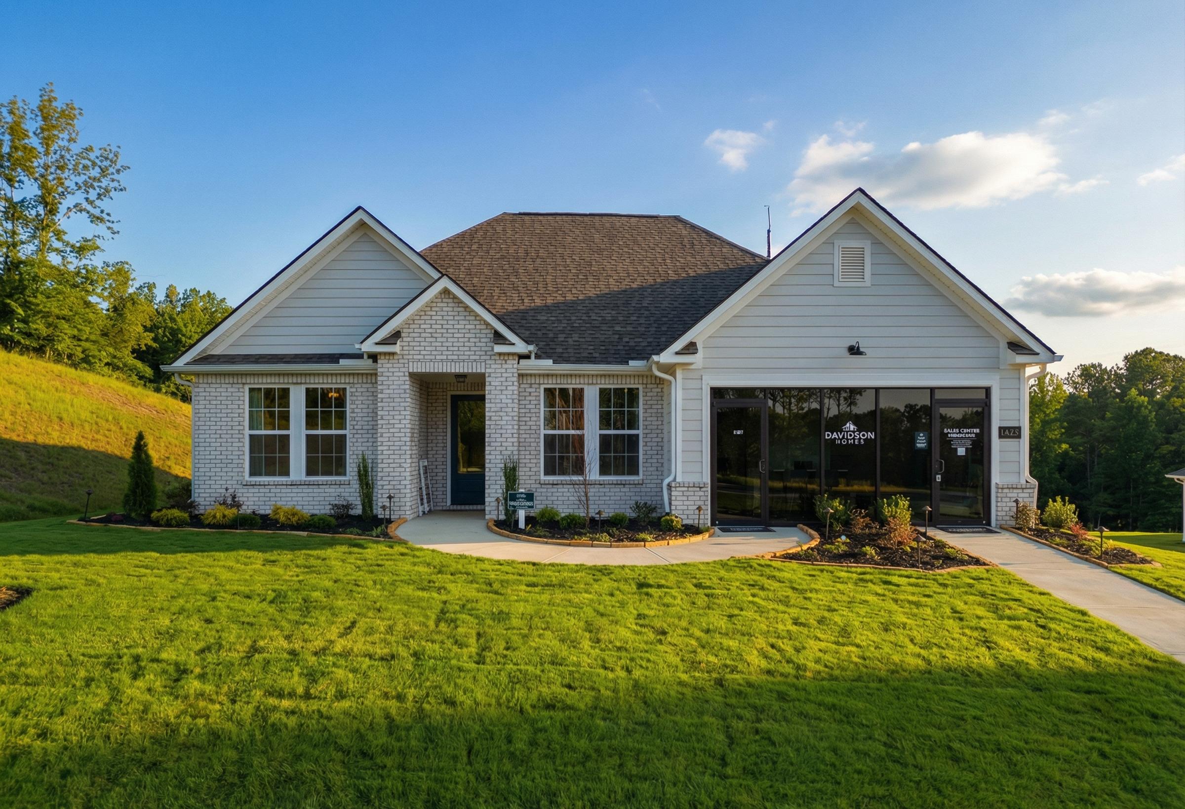 The Hibiscus E single-story home by Davidson Homes in Priceville, AL featuring a cement and brick exterior facade.