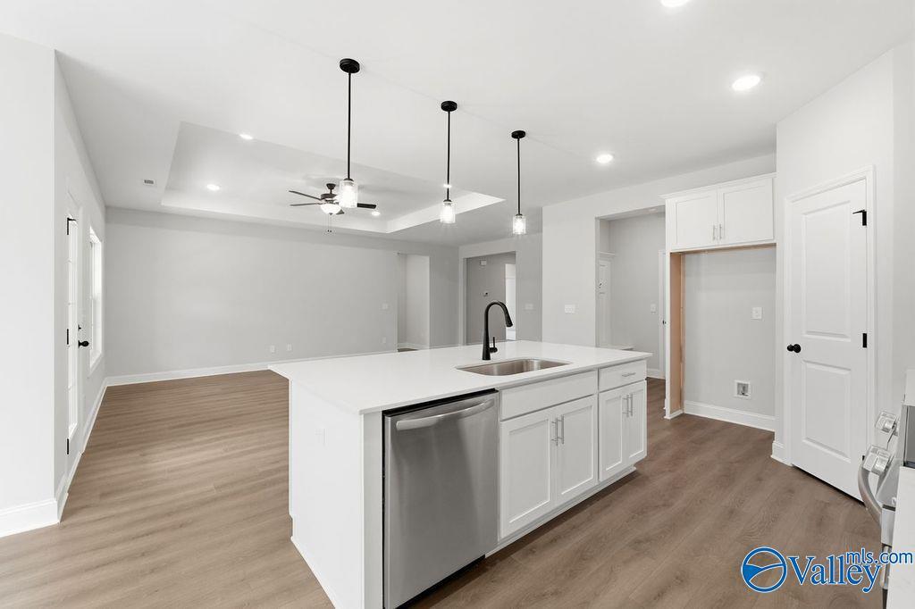 Modern open kitchen with white island, stainless dishwasher, hardwood floors in Davidson Homes Montgomery B, Hartselle, AL