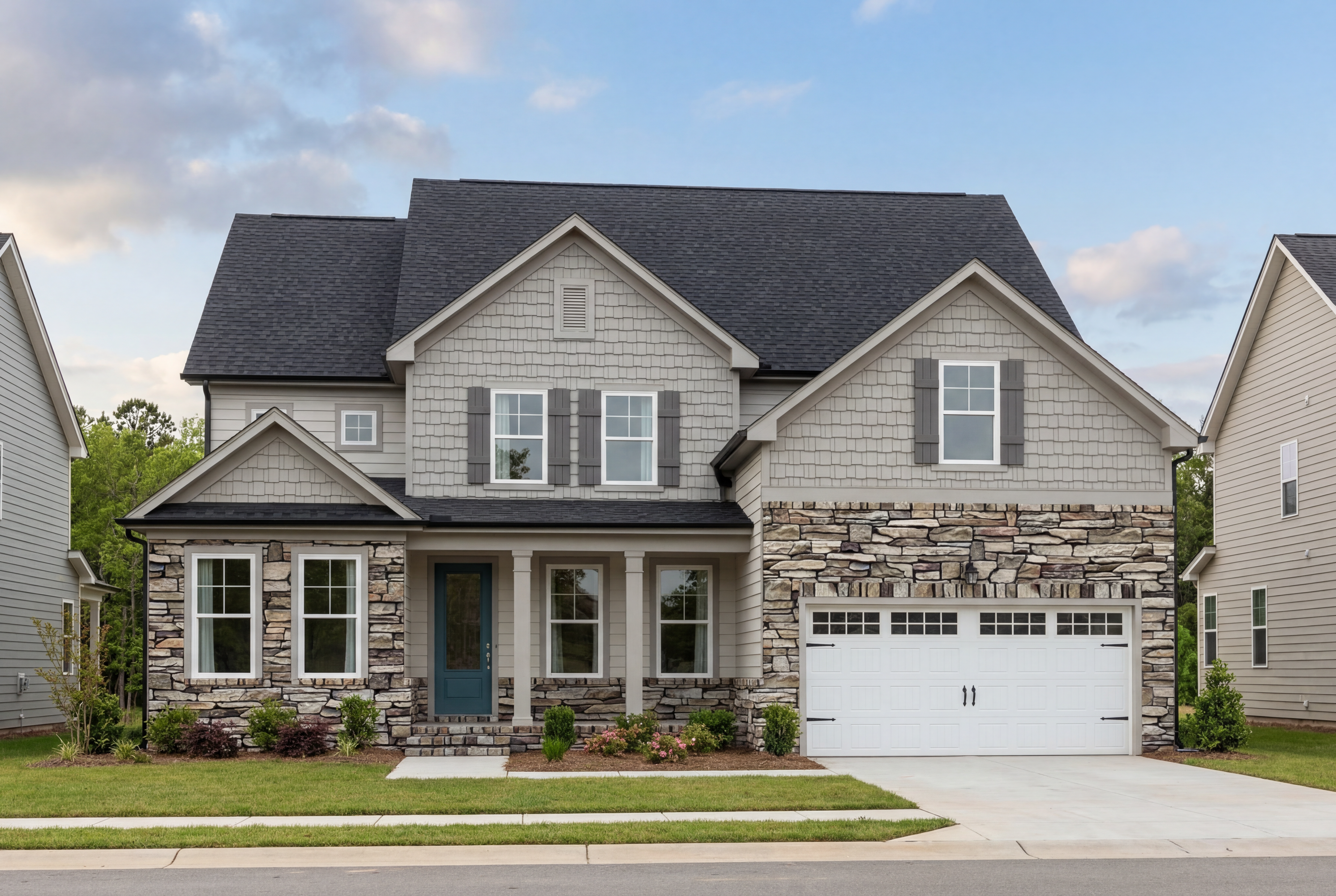Two-story Crawford D home elevation with brick stone exterior, 2-car garage, covered porch, and landscaped yard in Holly Springs NC