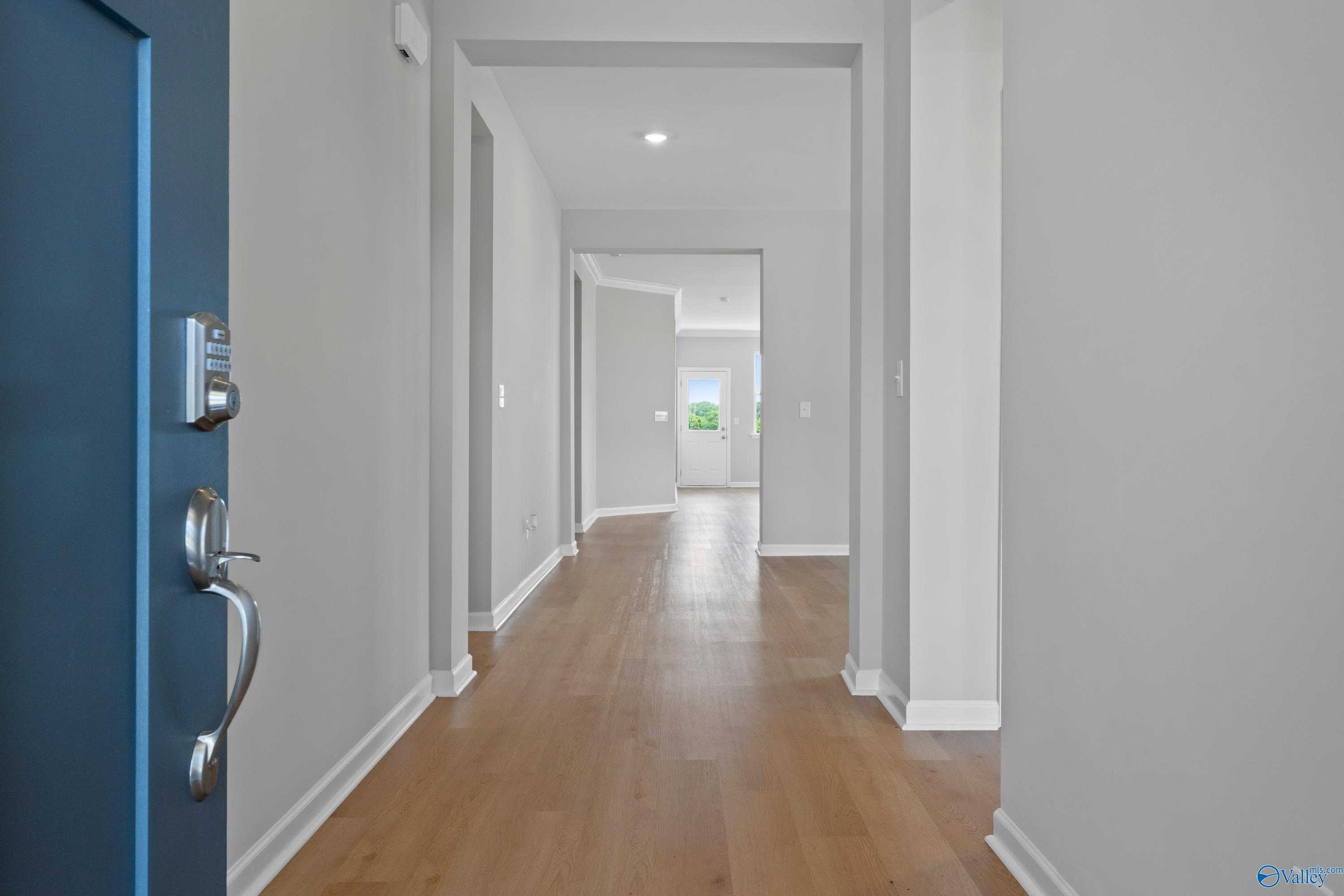 Inviting entry hallway with oak hardwood floors, gray walls, and blue front door in Davidson Homes The Orion, Athens AL