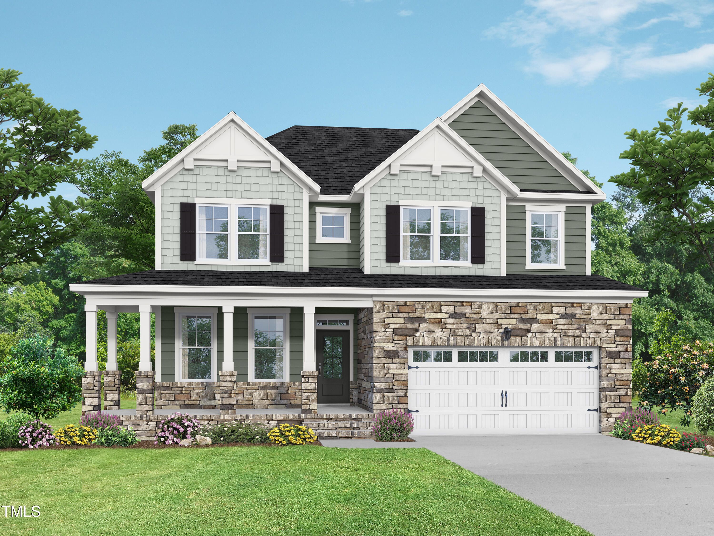 Two-story Willow G home by Davidson Homes in Tobacco Road, Angier, NC: gray siding, stone accents, columned porch, 2-car garage, lush yard