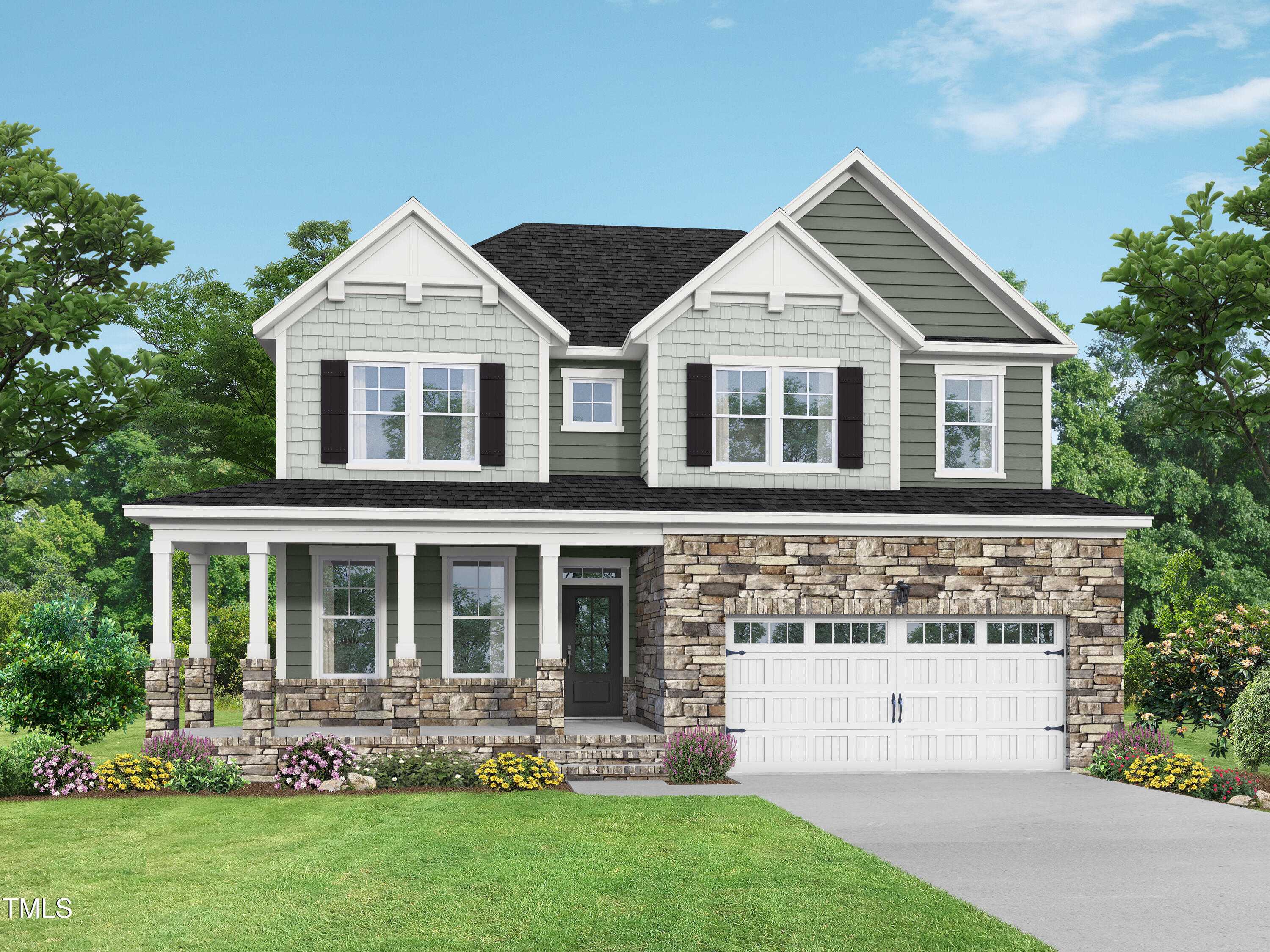 Two-story Willow G home by Davidson Homes in Tobacco Road, Angier, NC: sage green siding, stone accents, covered porch, 2-car garage