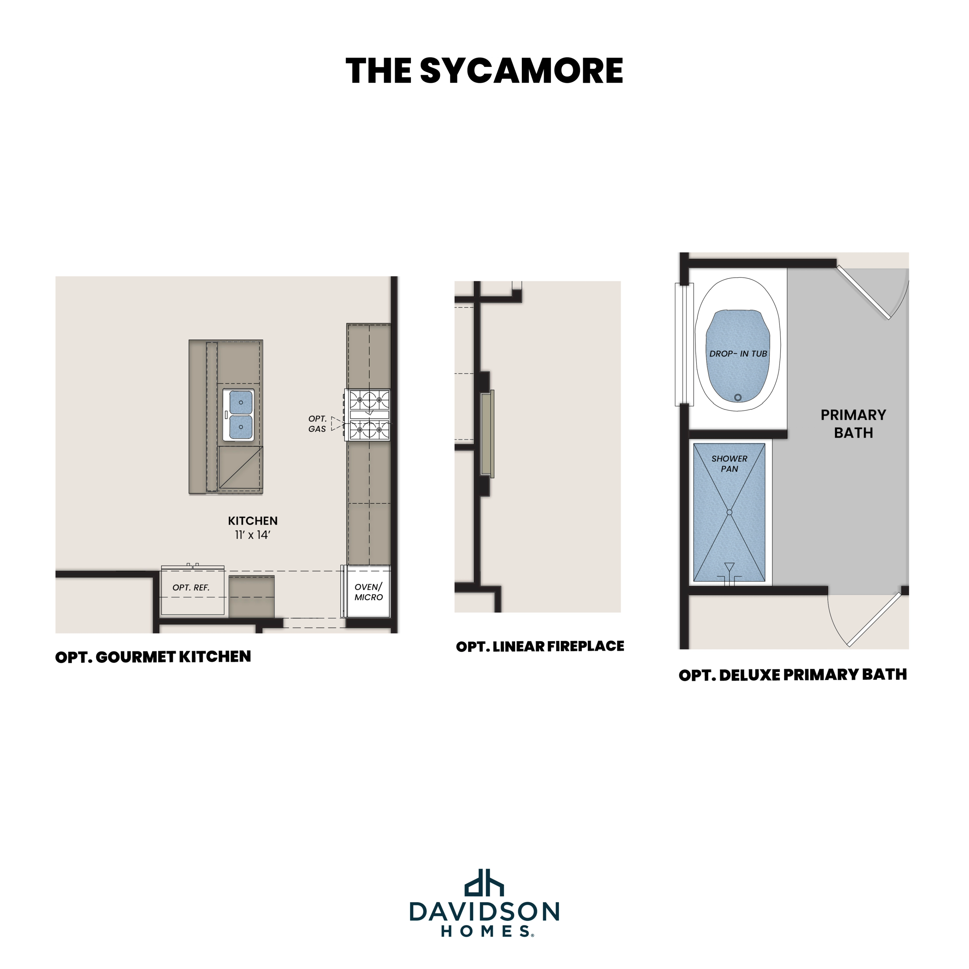 The Sycamore floor plan options: gourmet kitchen with 11x14 island, linear fireplace, deluxe primary bath by Davidson Homes