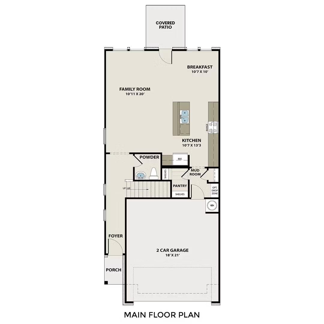 First-floor layout for The Wake C floor plan featuring open kitchen, family room, and 2-car garage in Lake Park Villas, Wylie.