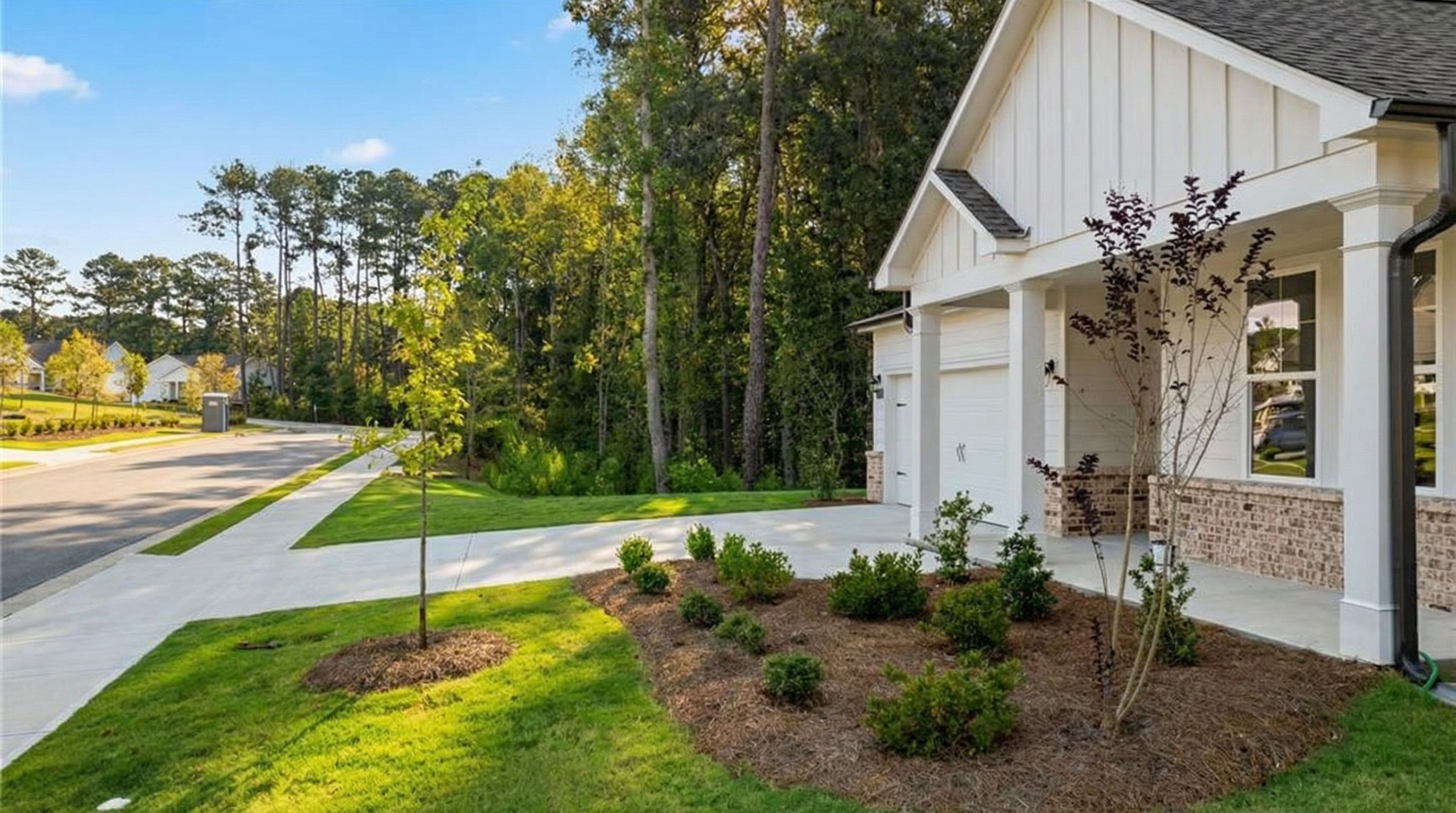 Modern 4-bedroom single-story home exterior with 2-car garage, covered porch, and landscaped yard in Kelly Preserve, Loganville, Georgia by Davidson Homes The Daphne B