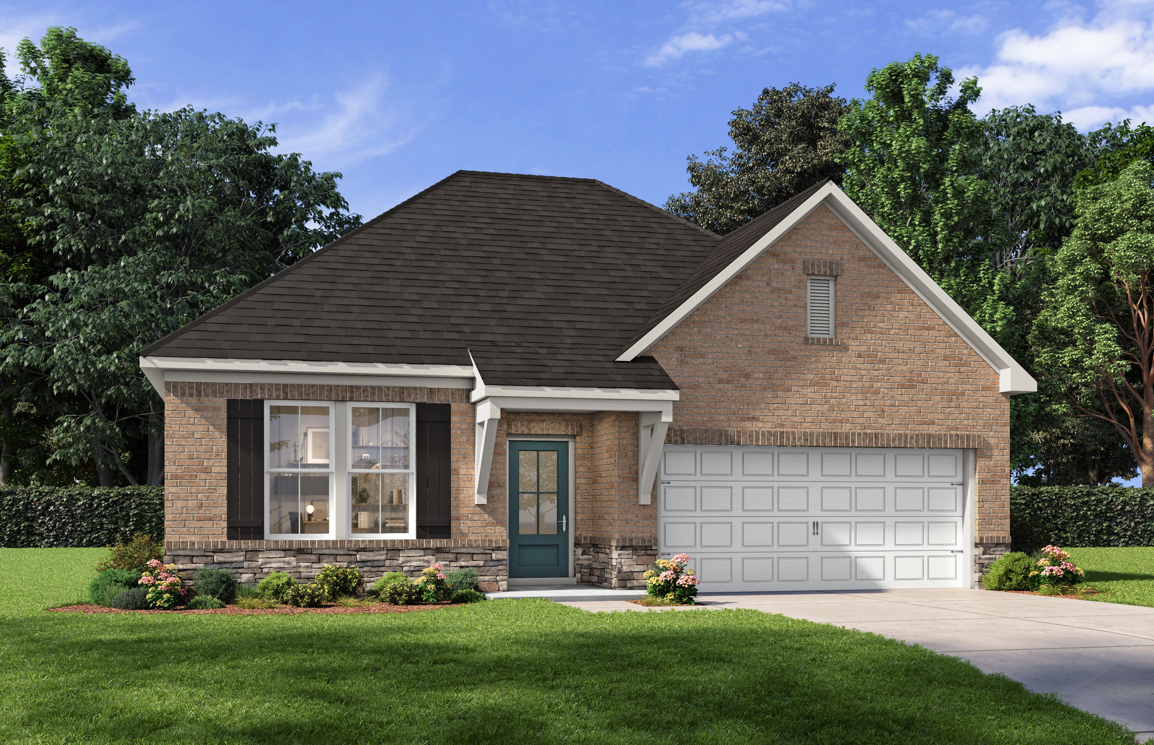 The Laurel M single-story home design featuring brick and stone exterior with a 2-car garage in Cullman, Alabama.
