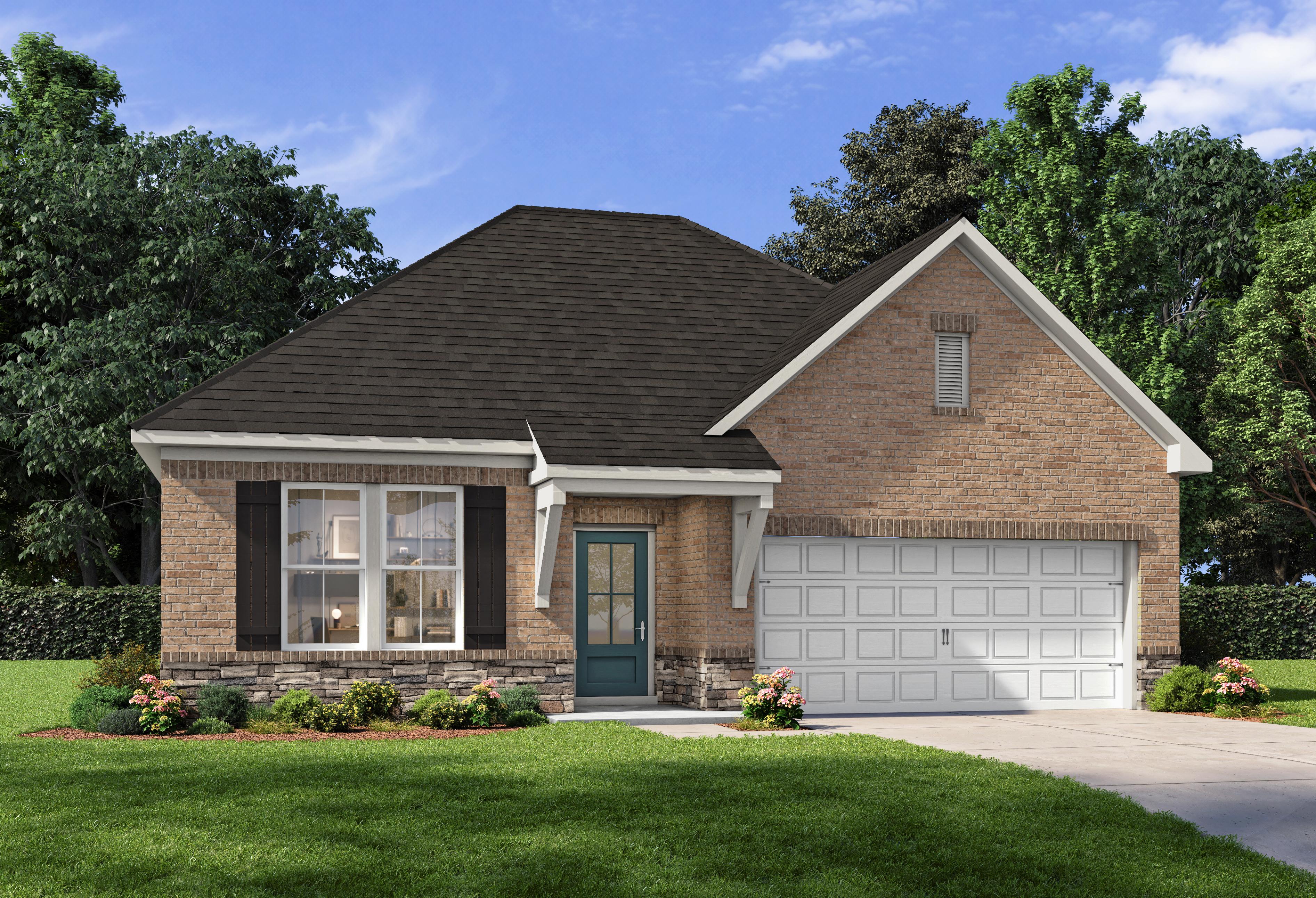 The Laurel M single-story home design featuring brick and stone exterior with a 2-car garage in Cullman, Alabama.