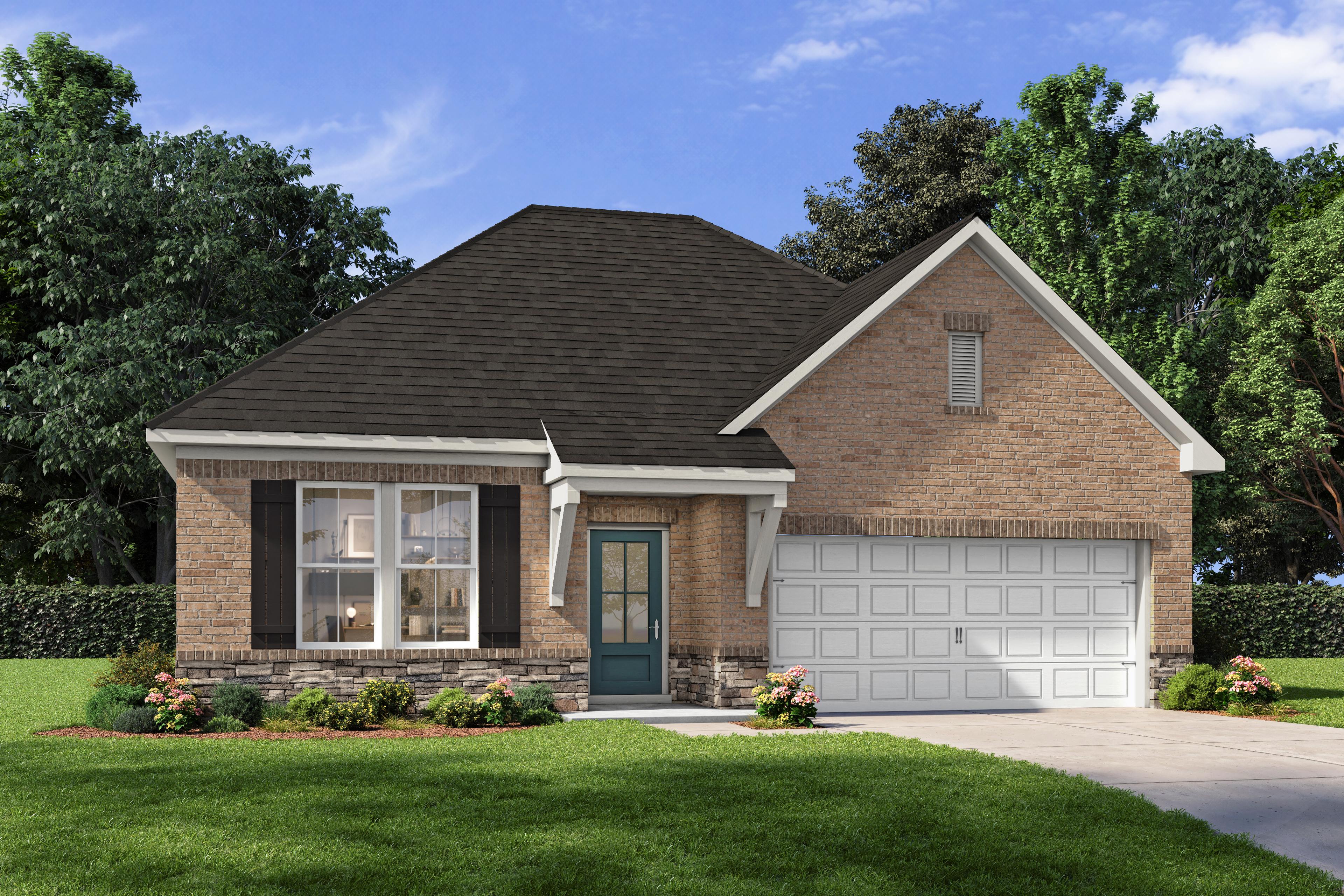 The Laurel M single-story home design featuring brick and stone exterior with a 2-car garage in Cullman, Alabama.