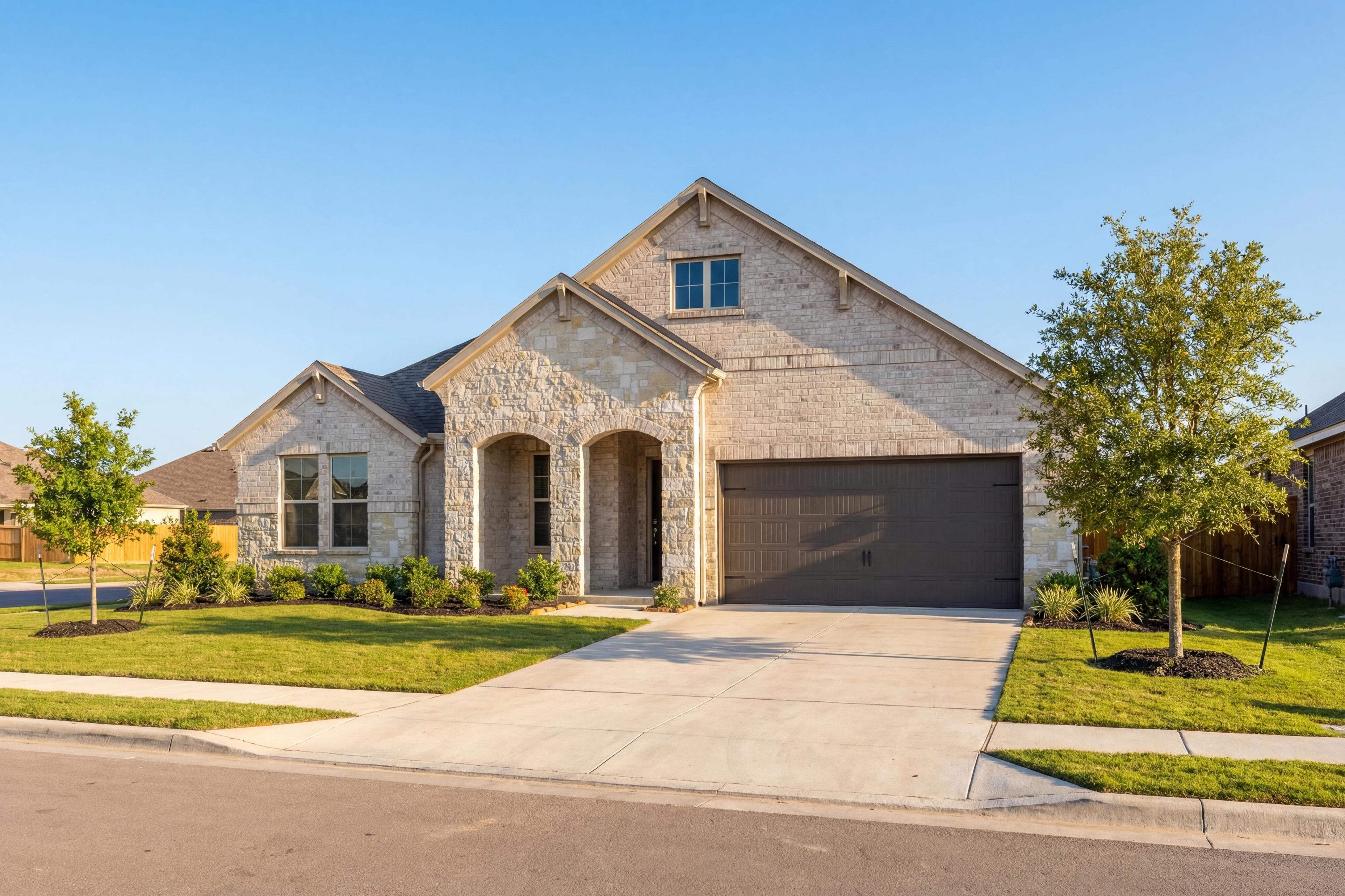 Stone and stucco exterior of The Diana C single-family home with 2-car garage, arched entry, and landscaped yard in Rosharon, Texas