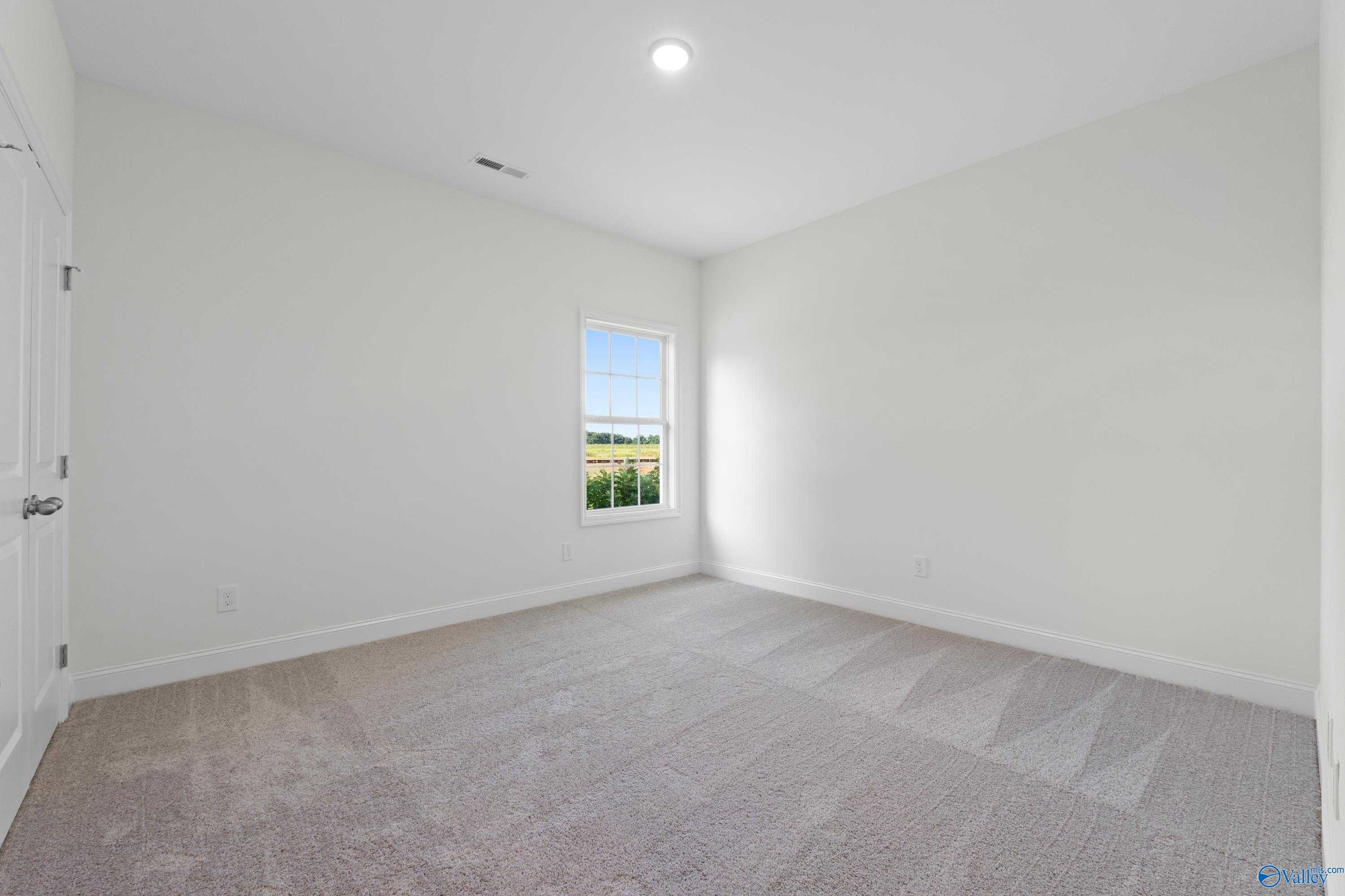 Bright secondary bedroom with white walls, beige carpet, and large window overlooking fields in Davidson Homes The Oxford, Harvest, Alabama