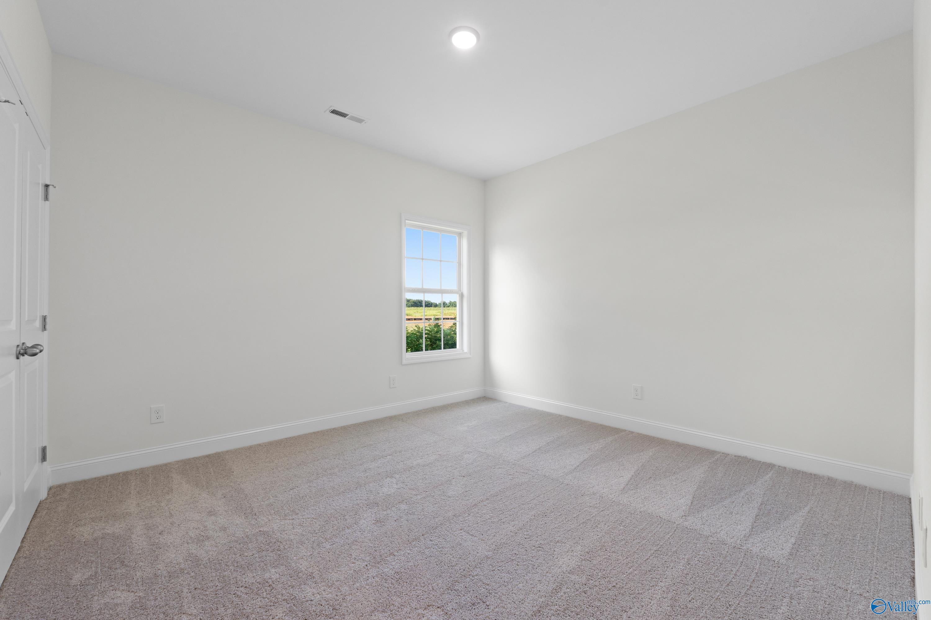 Bright secondary bedroom with white walls, beige carpet, and large window overlooking fields in Davidson Homes The Oxford, Harvest, Alabama