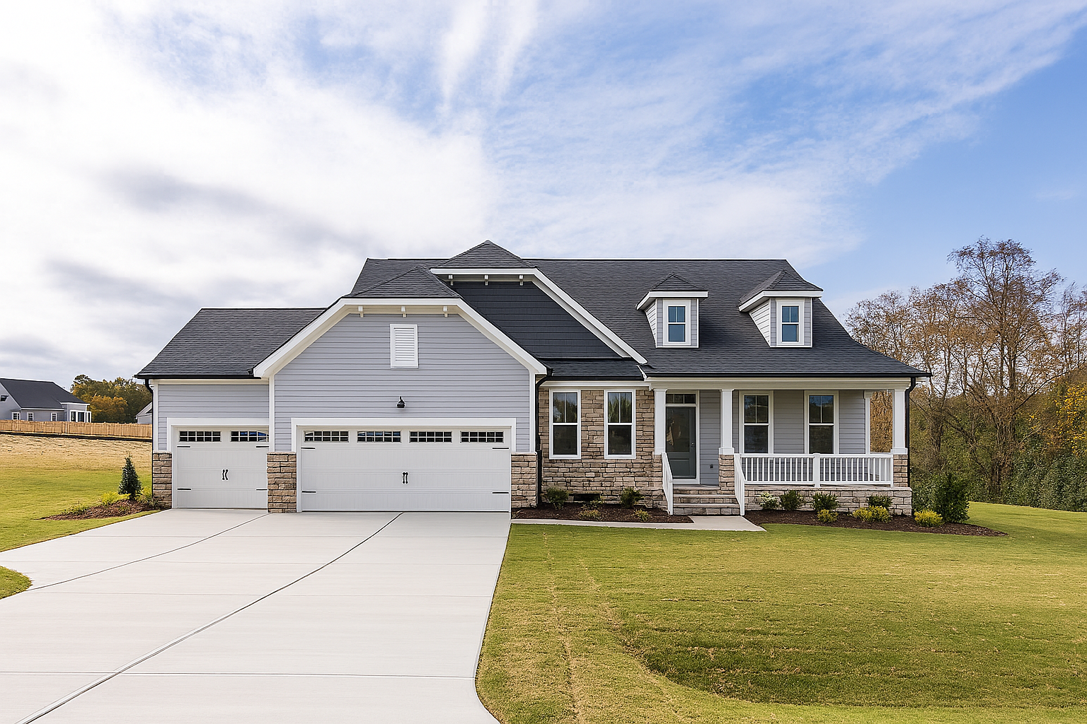 Craftsman-style home exterior at Ashland in Apex, North Carolina, featuring stone accents, siding, and a front porch.