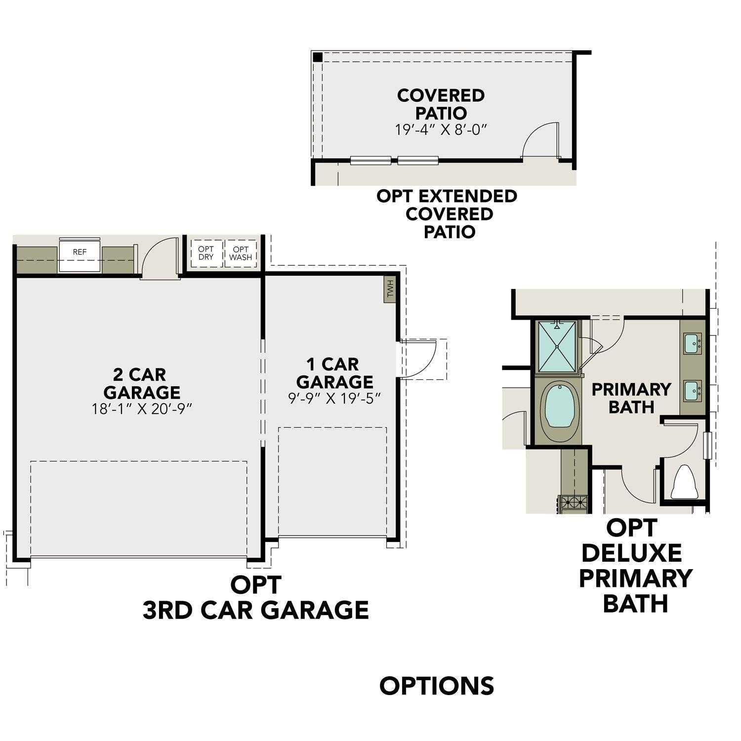 3-car garage floor plan with optional covered patio and deluxe primary bath in Davidson Homes The Laguna B, Dayton, Texas