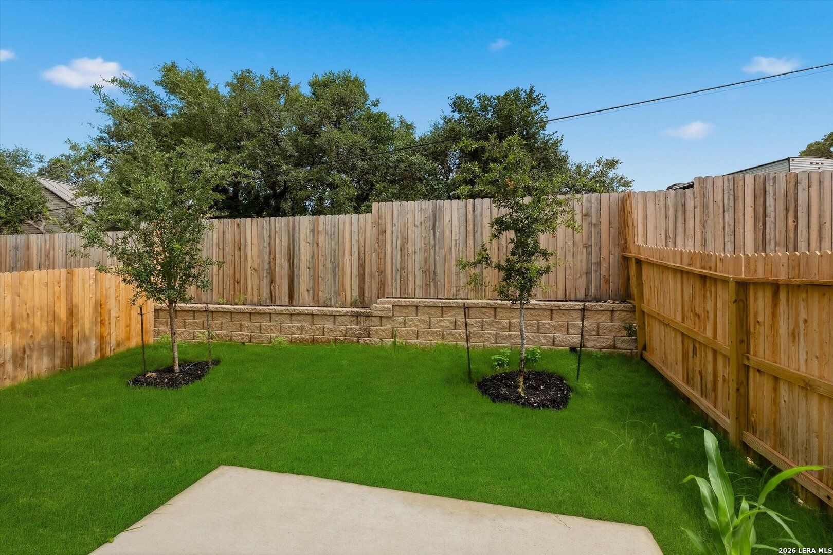 Private backyard with lush lawn, retaining wall, and wood fencing at Meadows at Oak Creek home in San Antonio, Texas.
