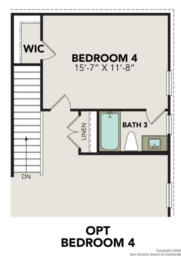 Optional 4th bedroom floor plan with walk-in closet, full bath, den, and linen in Davidson Homes Douglas C, Seguin, Texas