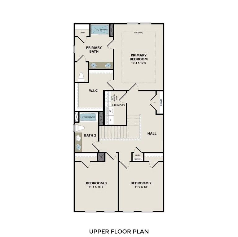 Upper floor plan of The Wake E by Davidson Homes: primary suite with bath, bedrooms 2 & 3, hall bath in Wylie, Texas