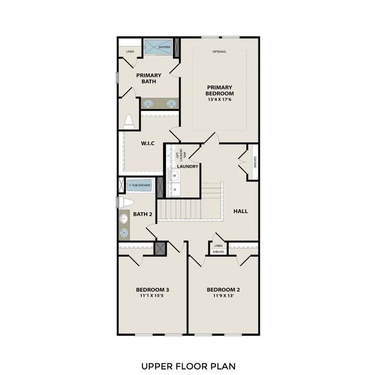 Upper floor plan of The Wake E by Davidson Homes: primary suite with bath, bedrooms 2 & 3, hall bath in Wylie, Texas