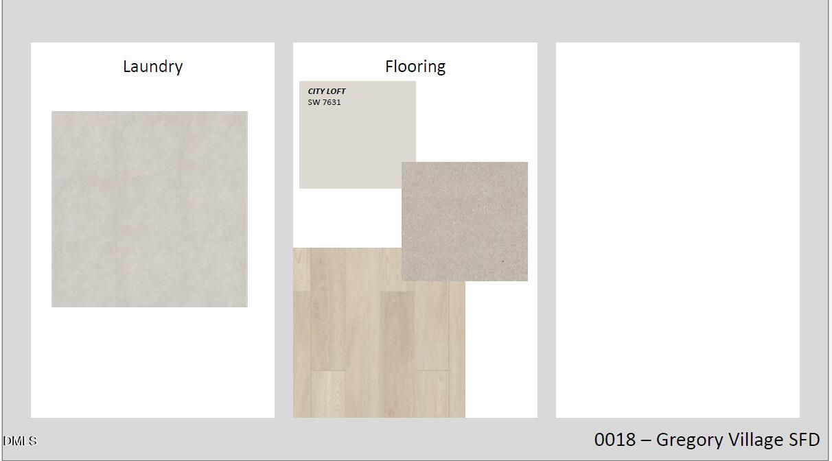 Flooring samples for The Gavin B: neutral laundry tile, SW 7045 gray carpet, hardwood planks in Gregory Village, Lillington, NC