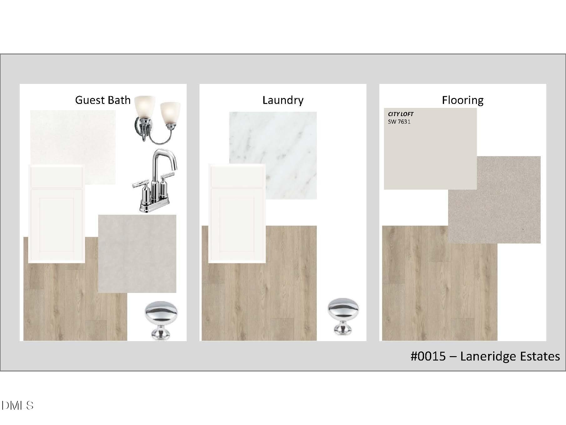 Design board featuring guest bath tiles and sconce, laundry marble counters and wood floors, beige flooring swatch for Davidson Homes Crawford D in Laneridge Estates Raleigh