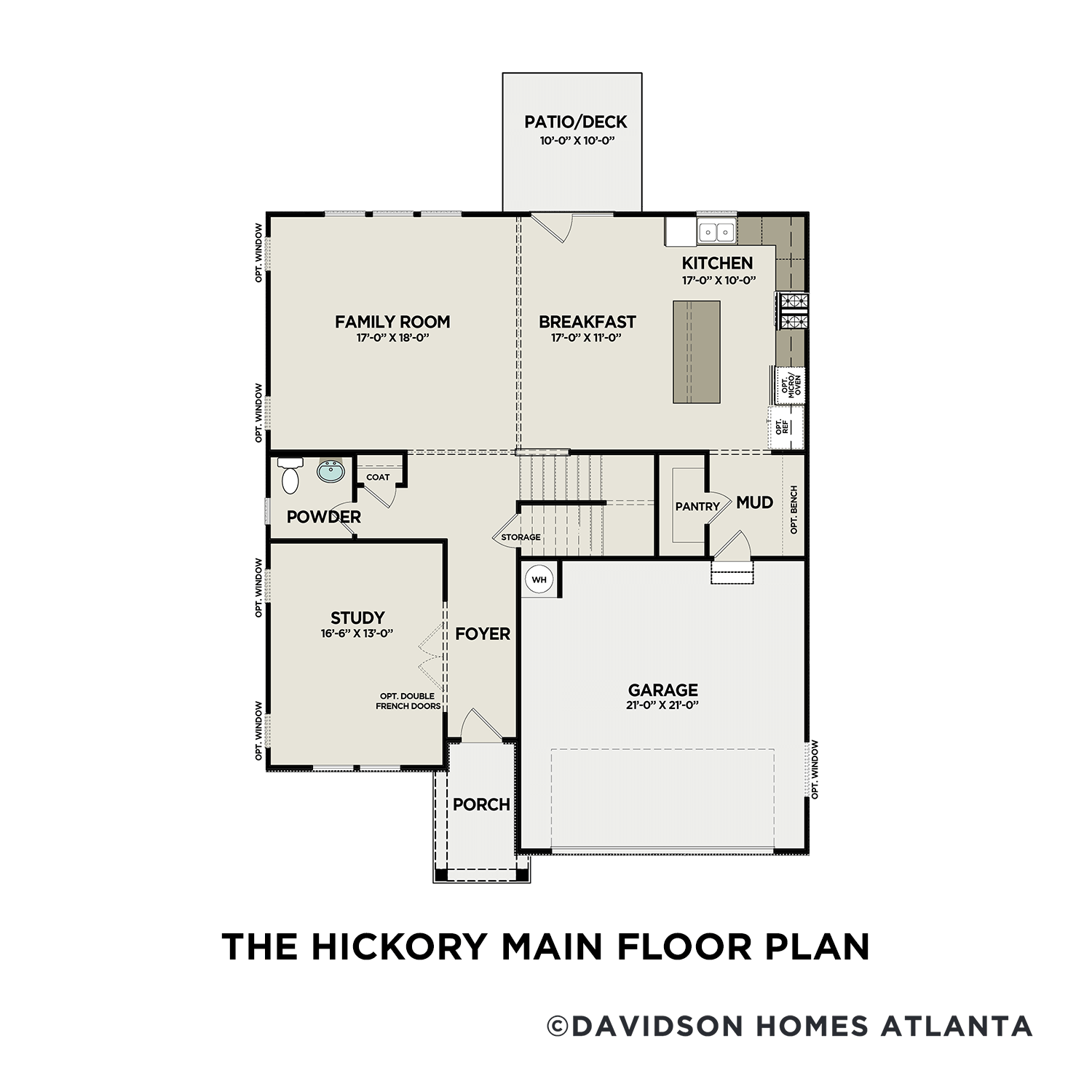 Main floor plan of The Hickory showcasing open family room, gourmet kitchen with island, and two-car garage by Davidson Homes