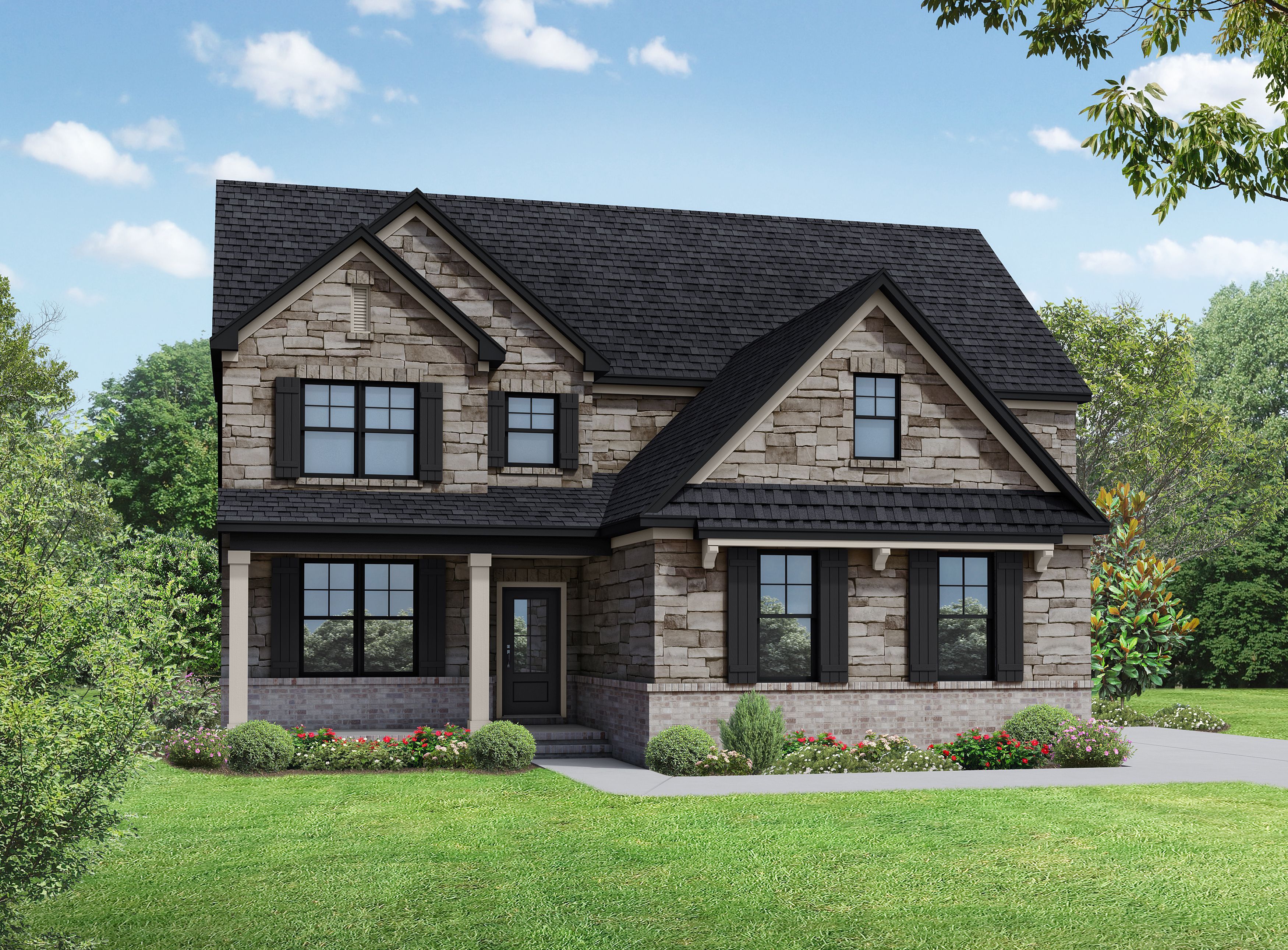 The Ash A elevation by Davidson Homes featuring a two-story exterior with gray siding and a welcoming front porch.