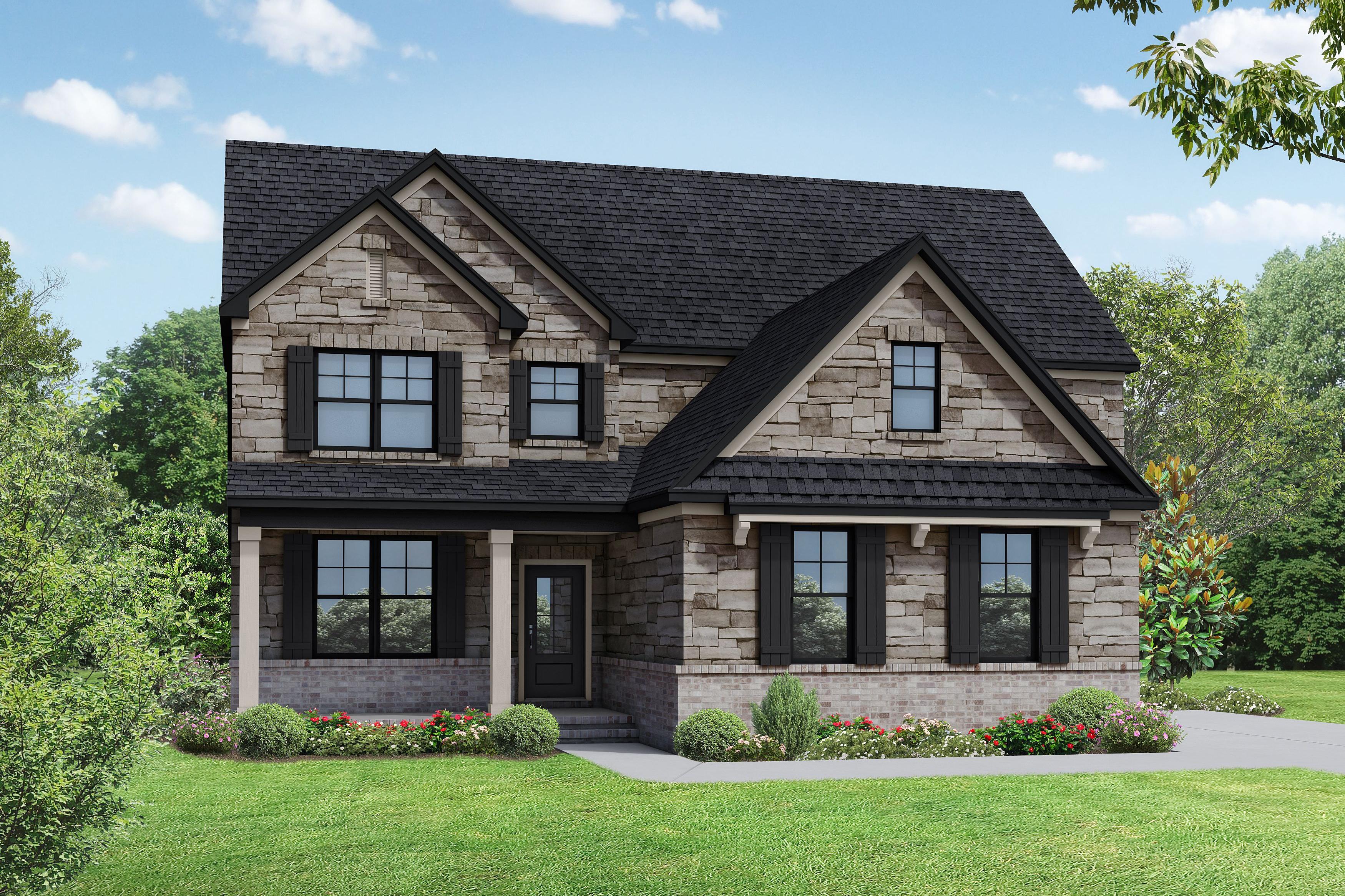 The Ash A elevation by Davidson Homes featuring a two-story exterior with gray siding and a welcoming front porch.