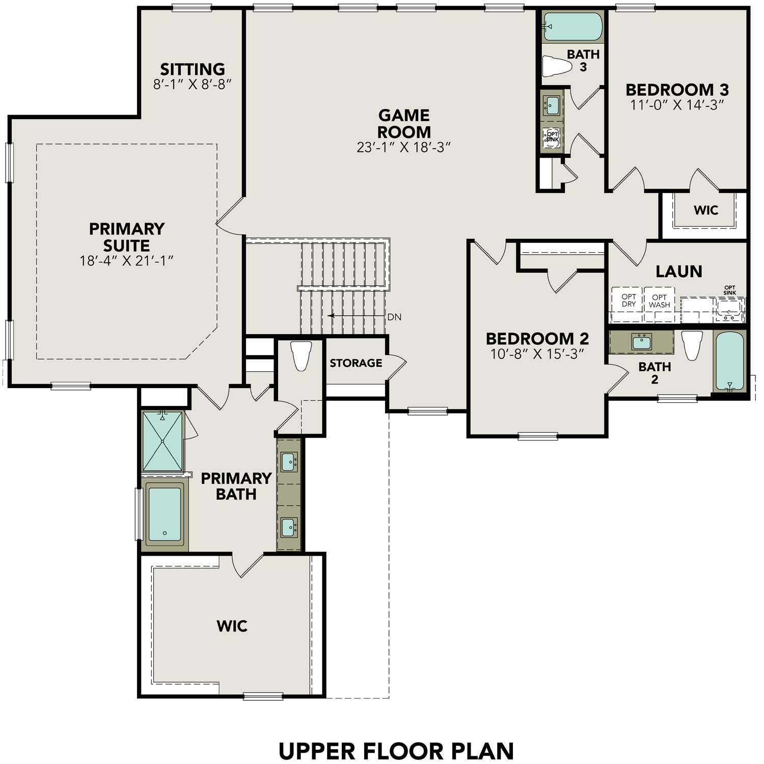 Second floor layout of The Ashford G home plan with primary suite, game room, bedrooms, baths, and storage in Castroville, TX