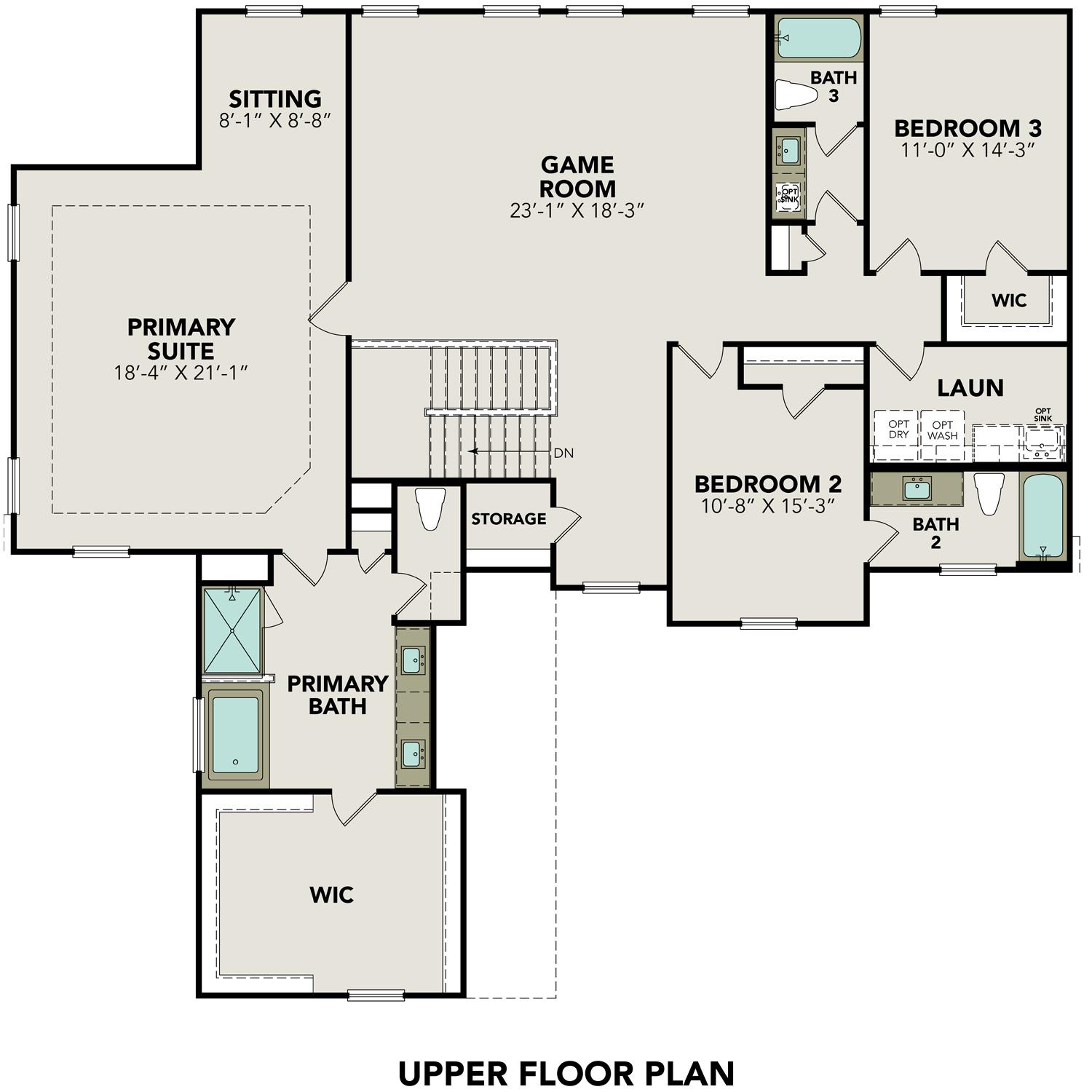 The Ashford 2-story floor plan by Davidson Homes, showcasing upper primary suite, game room, bedrooms, baths in Castroville Texas