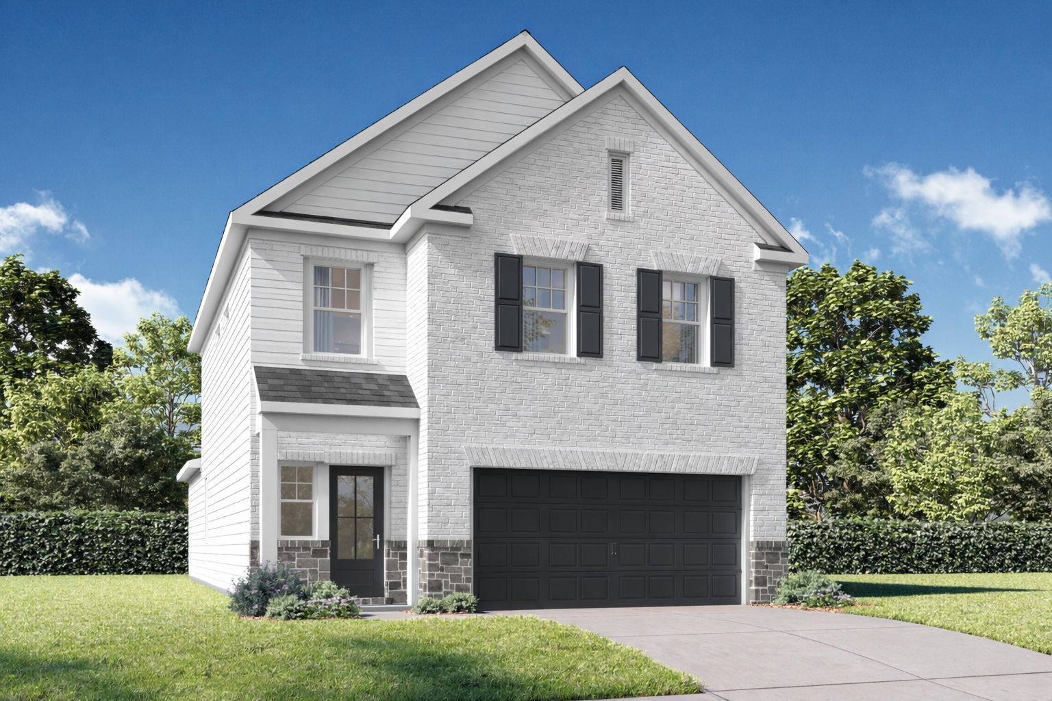 Two-story The Meadowbrook H home elevation with board and batten siding, dark roof, 2-car garage, covered porch, and lush landscaping
