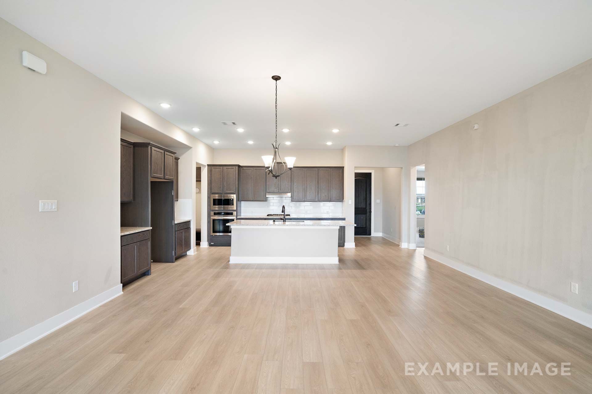 Open-concept kitchen and living area in The Elizabeth by Davidson Homes, featuring dark cabinetry, island, and hardwood floors
