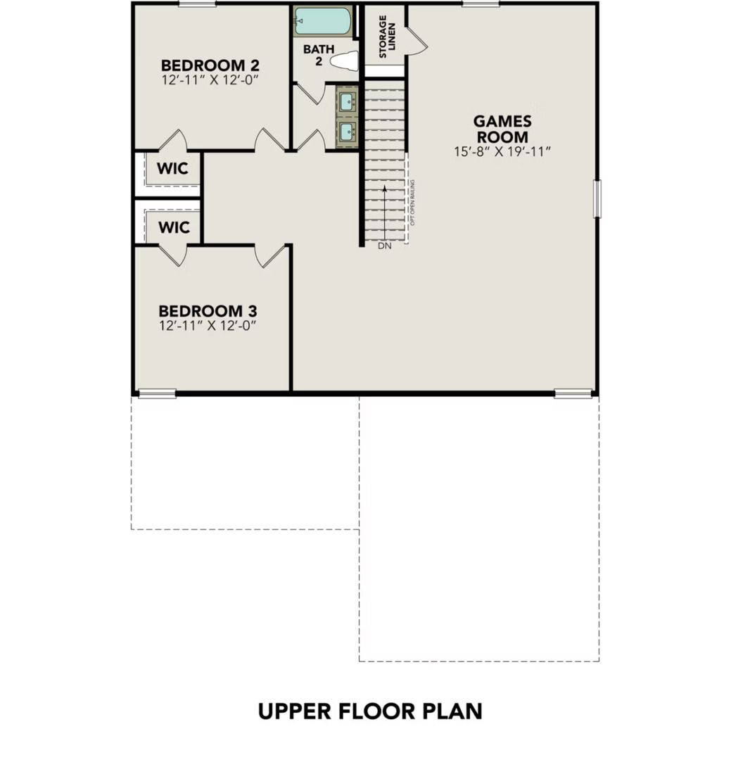 Upper floor plan of The Douglas C with two bedrooms, game room, baths, and closets in Hannah Heights, Seguin, Texas