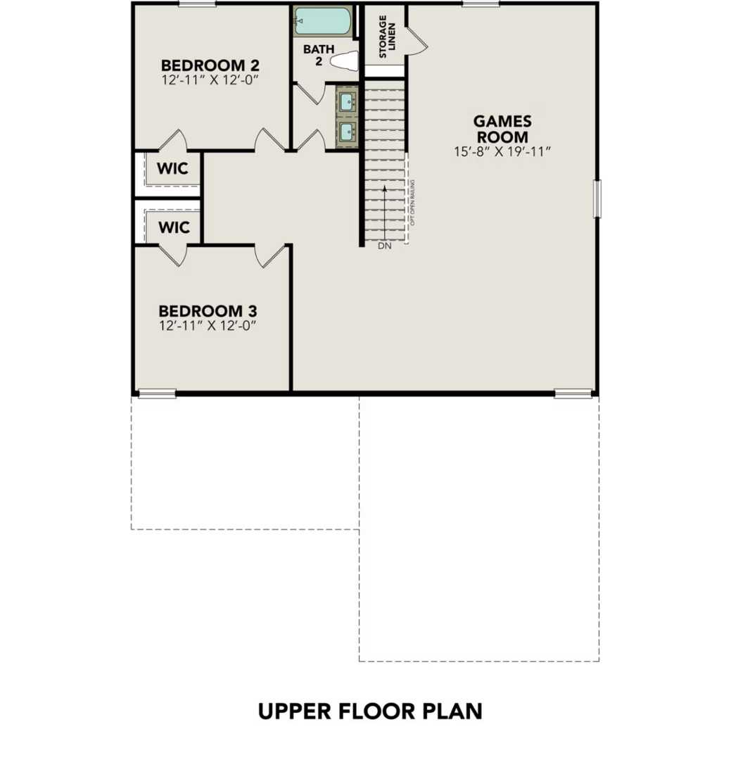 Upper floor plan of The Douglas C with two bedrooms, game room, baths, and closets in Hannah Heights, Seguin, Texas