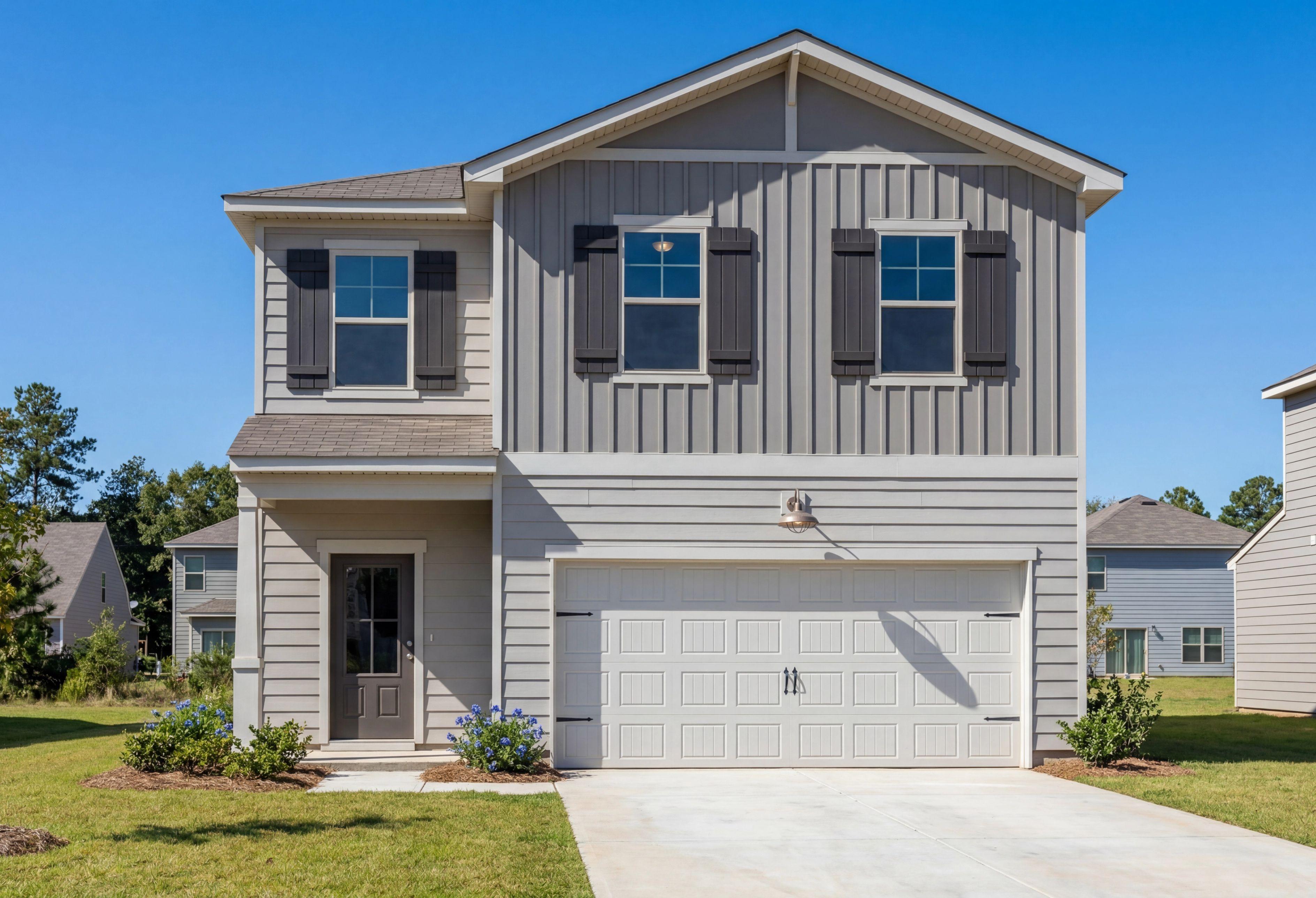 Two-story exterior elevation of The Rabun B by Davidson Homes featuring gray siding, shutters, and a 2-car garage.