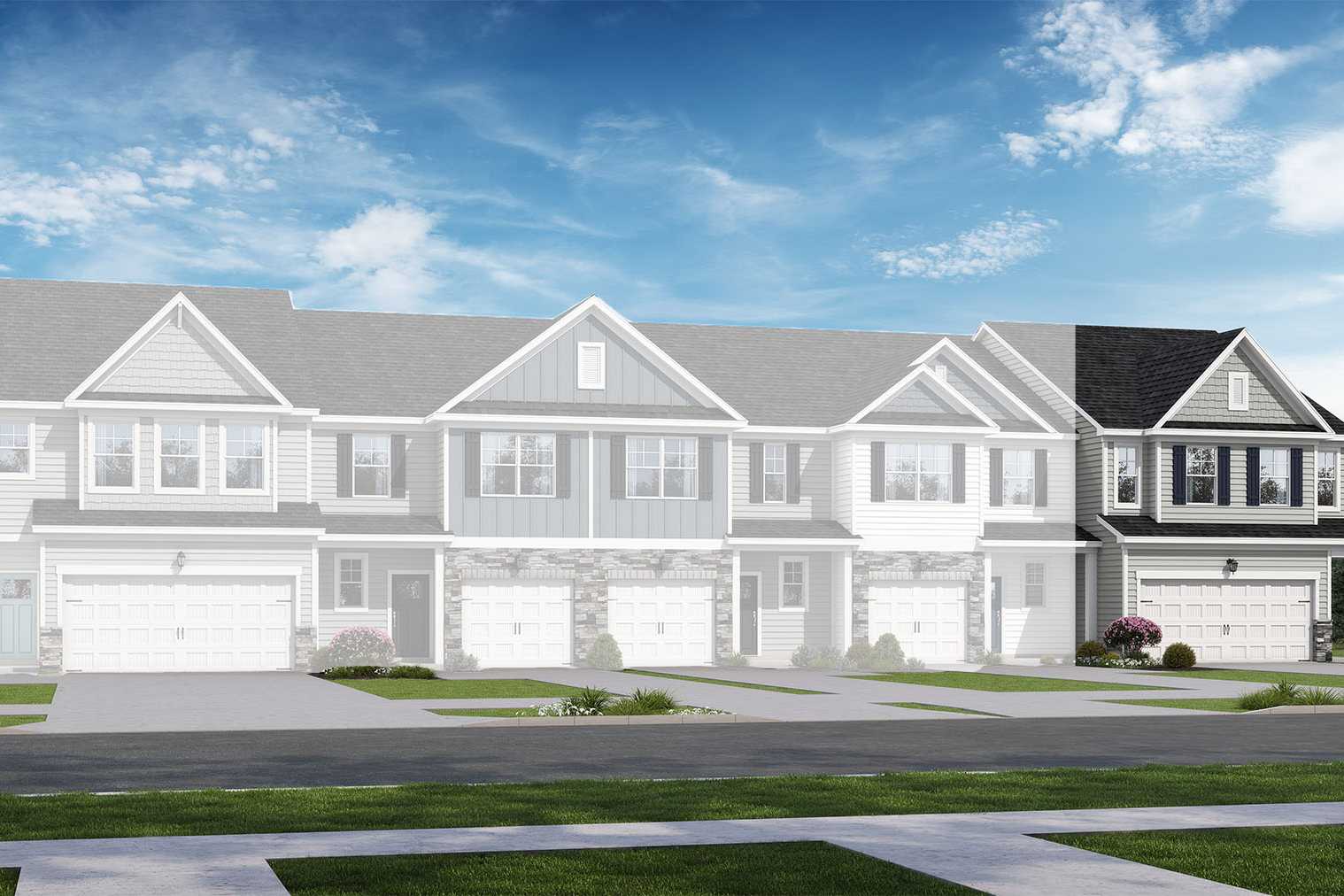 Modern 2-story The Durham multi-family townhomes with gabled roofs, siding exteriors, 2-car garages, and landscaped yard in Lillington NC