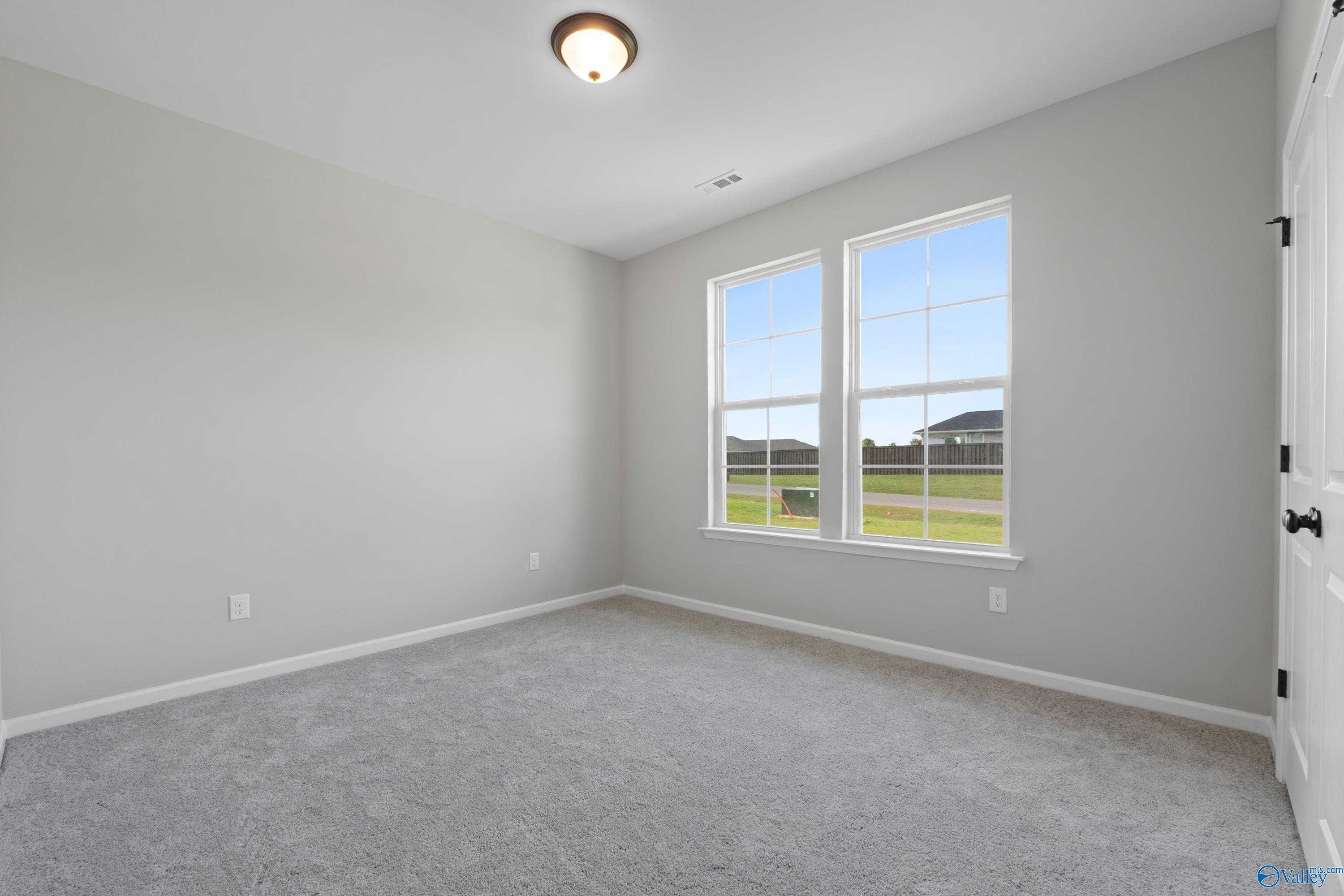 Bright secondary bedroom with gray walls, carpeted floor, and large windows overlooking green field in Davidson Homes The Phoenix, Fayetteville, Tennessee