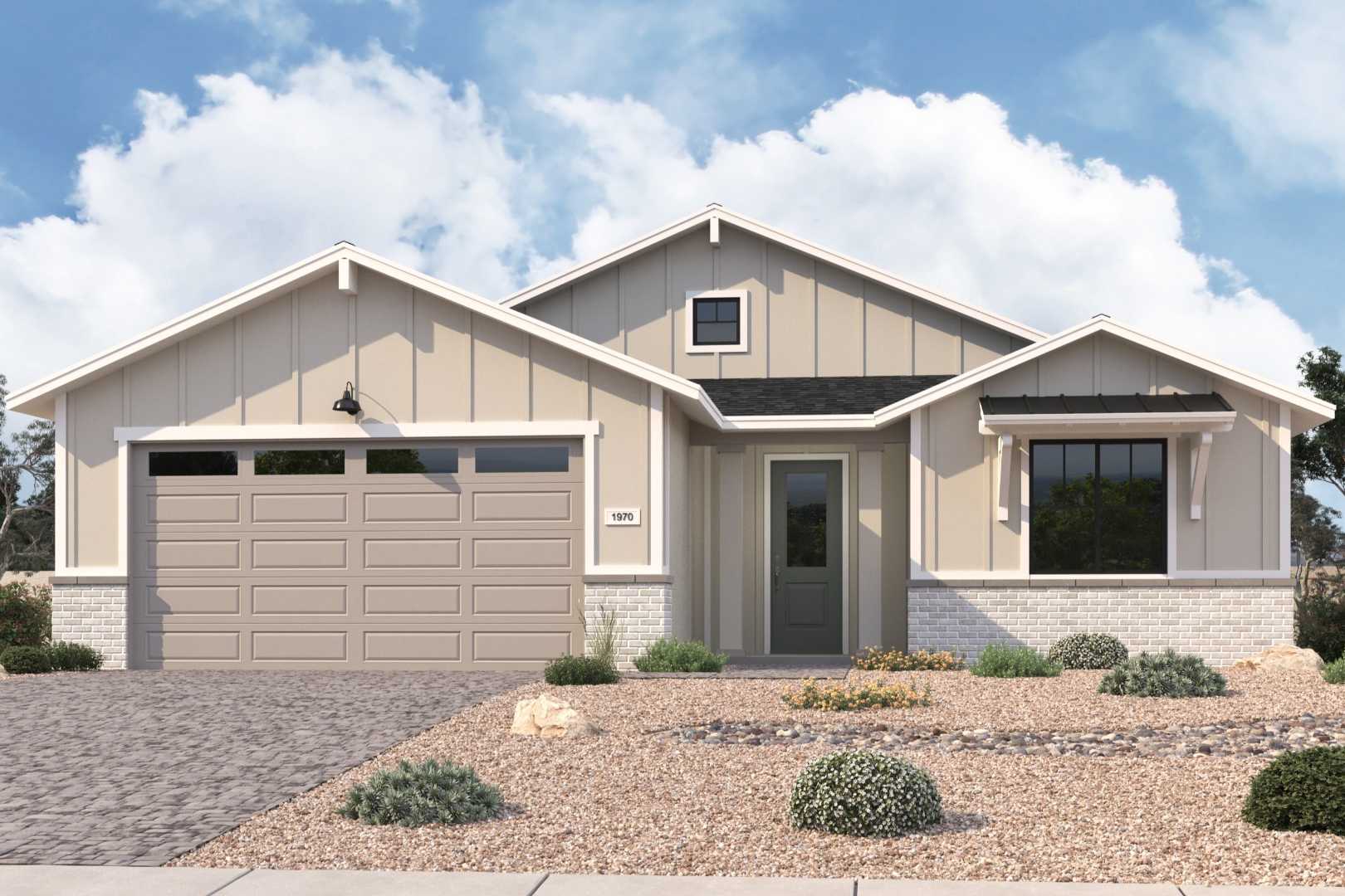 Modern single-story Sheridan II G home elevation with 2-car garage, board-and-batten siding, and desert xeriscaping in Prescott, AZ