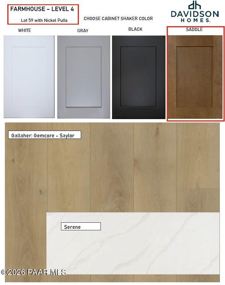 Farmhouse shaker cabinet options in white, gray, black, saddle with nickel pulls, wood floors, Serene quartz for Davidson Homes Coronado A in Prescott, AZ