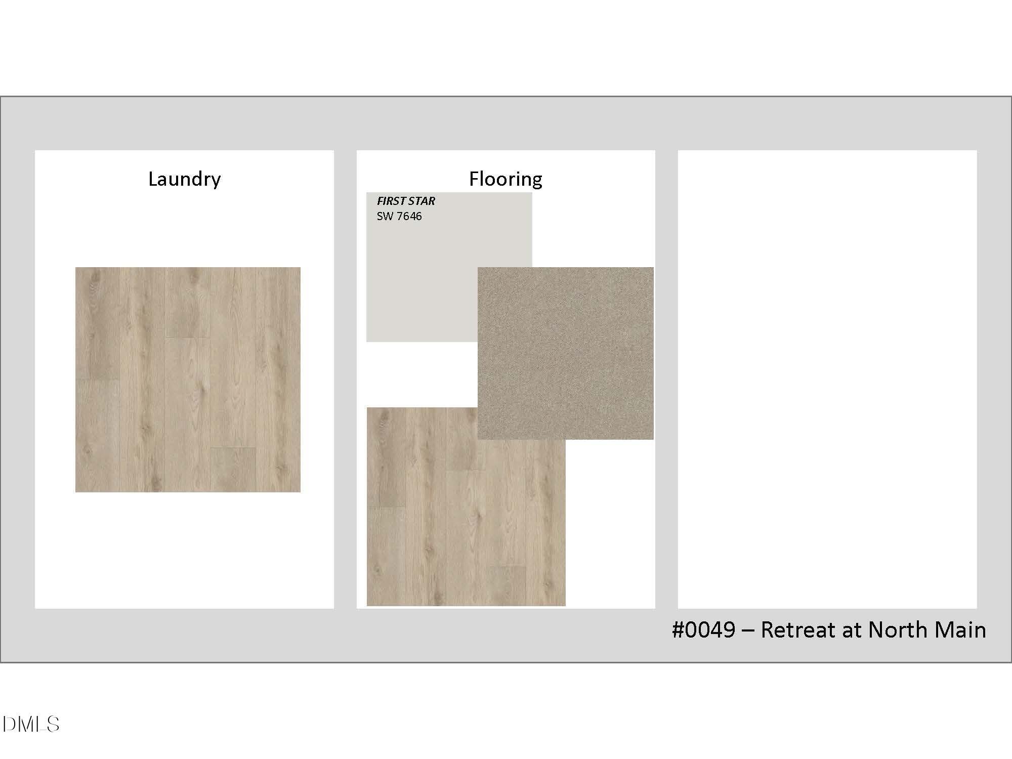 Design selection board for laundry and flooring featuring First Star paint and wood-look finishes at Retreat at North Main.