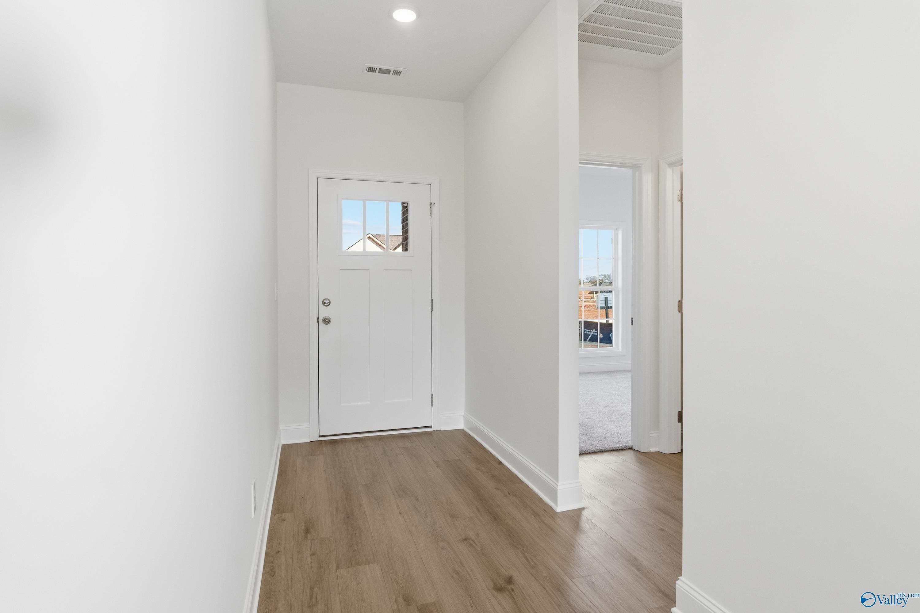Bright entry hallway with white glass-paneled door, luxury vinyl plank flooring, and open doorway in Davidson Homes Asheville C, Meridianville AL